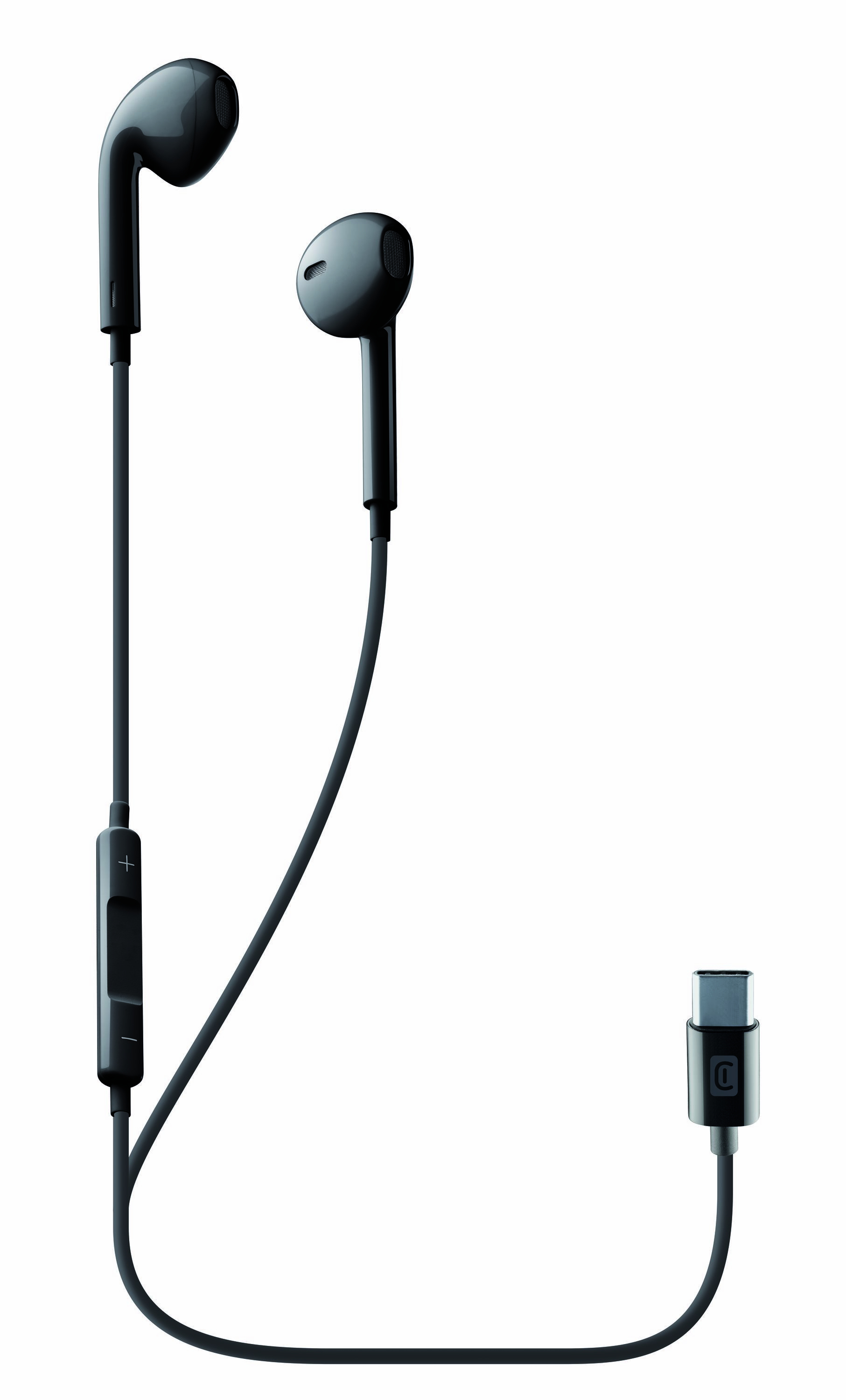 Black wired earbuds with a USB-C connector and a control module, isolated on white.