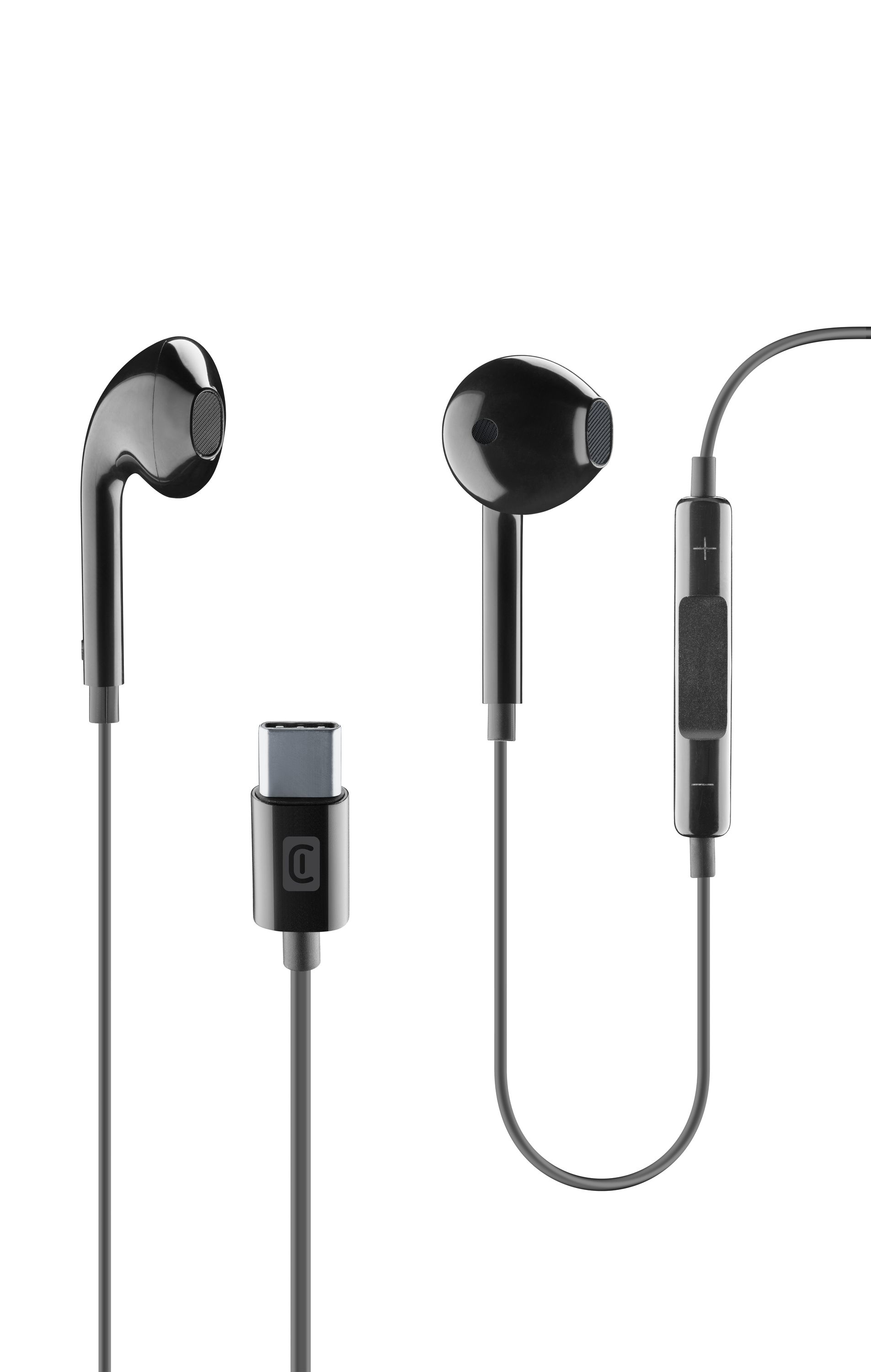 Black earbuds with a USB-C connector and a control module on a white background.