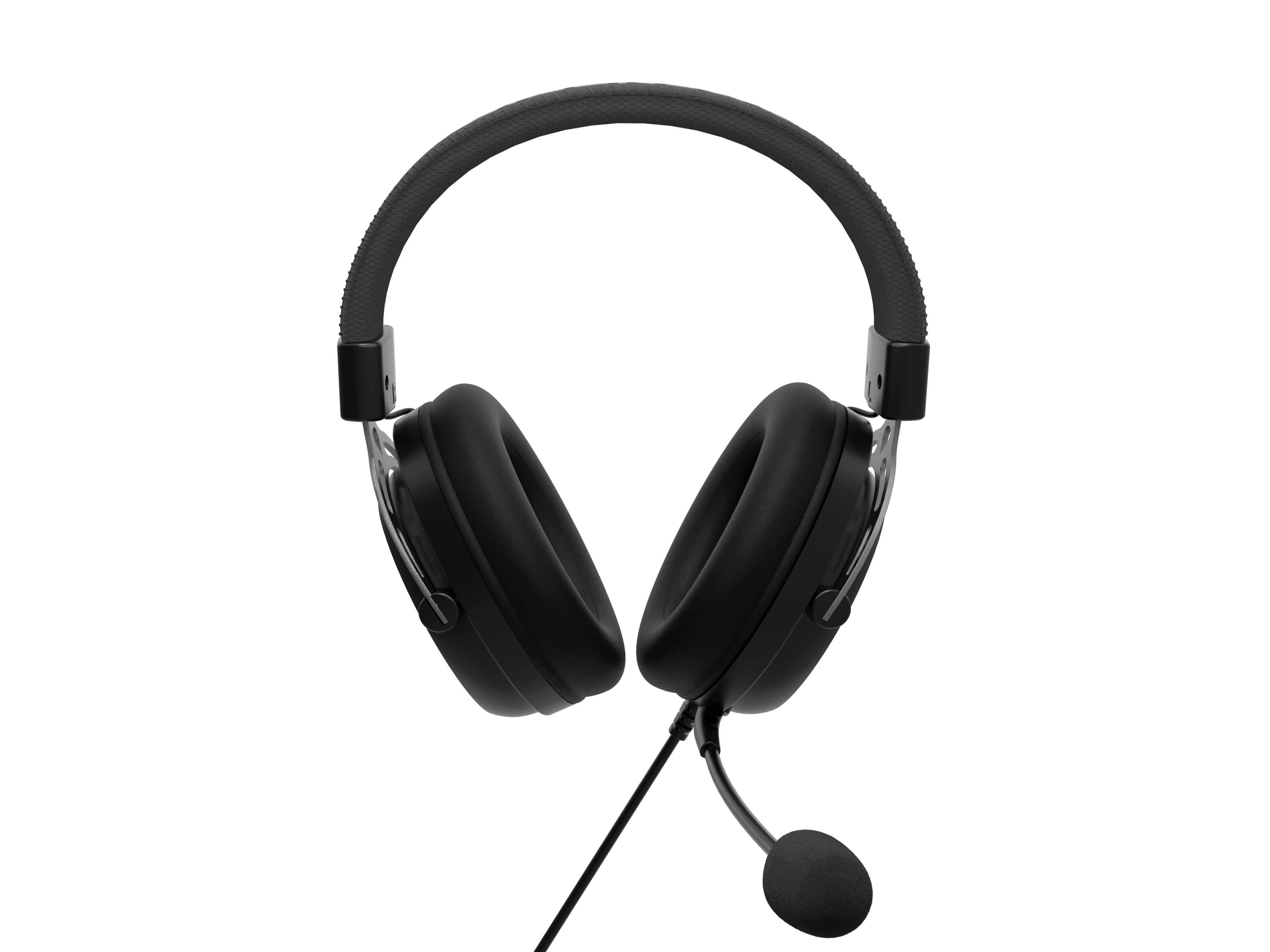 Black headphones with a microphone against a white background.