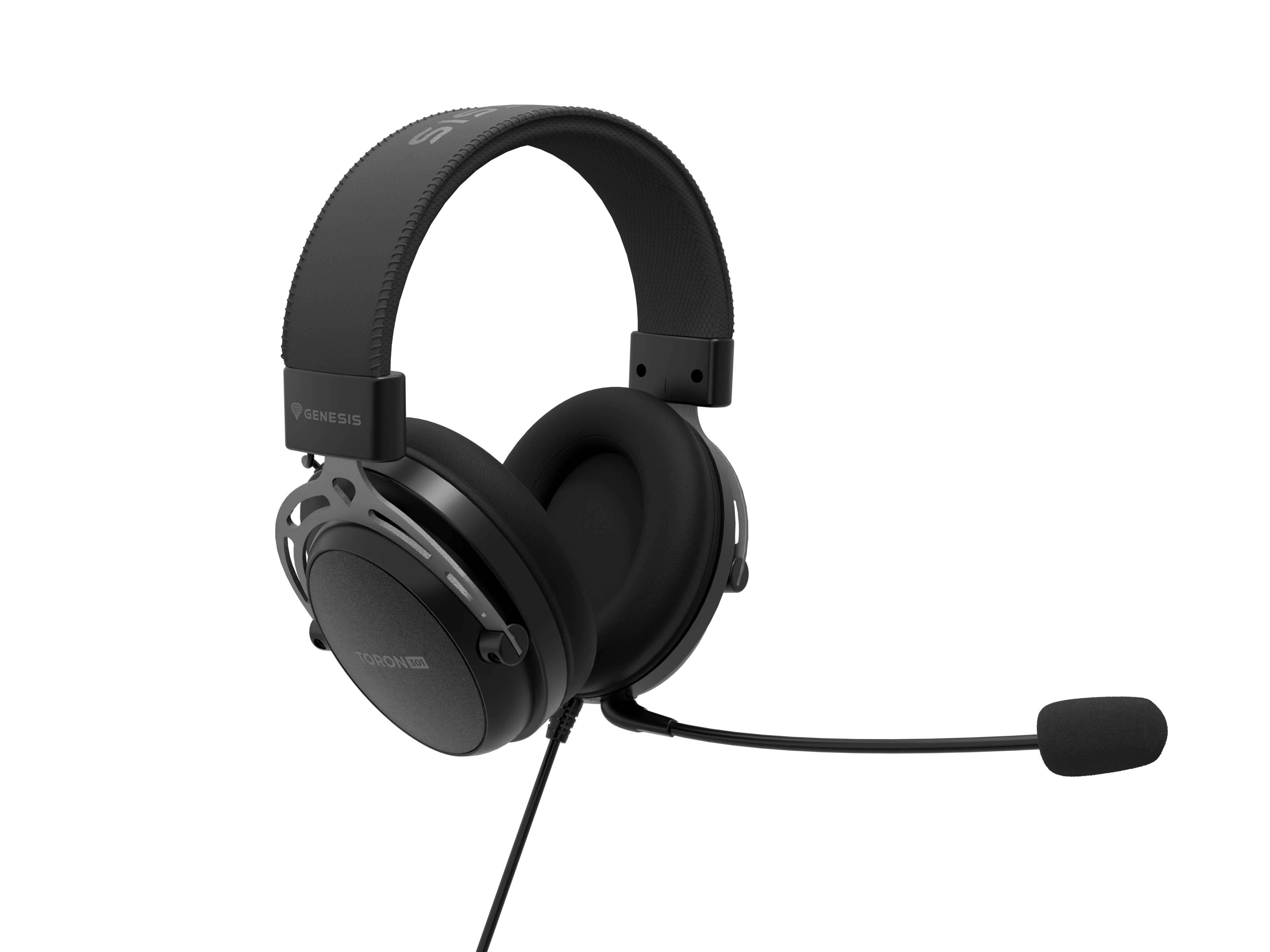 Black gaming headset with microphone, silver accents, and a black cable.