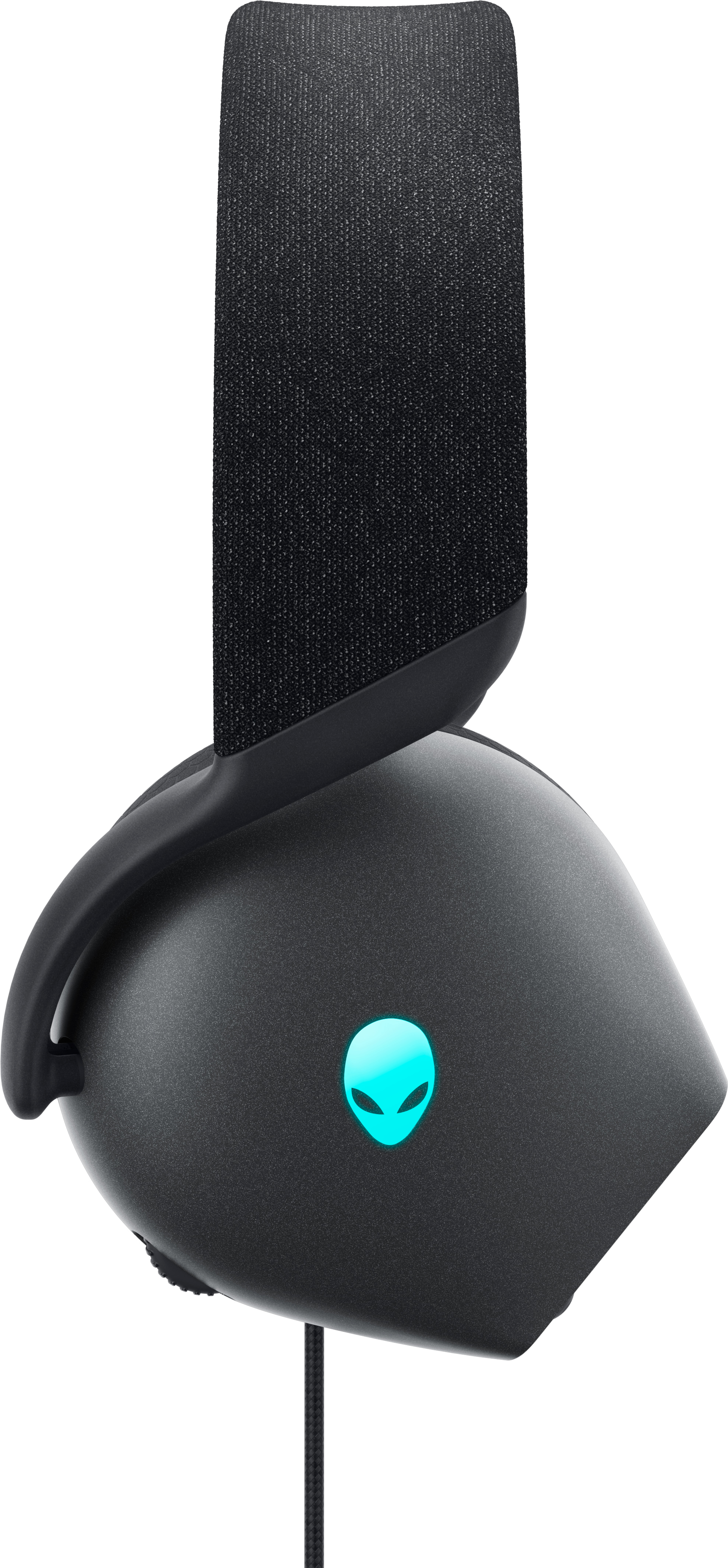 Casque Alienware noir. L'écouteur a un logo extraterrestre. Le bandeau est en tissu.