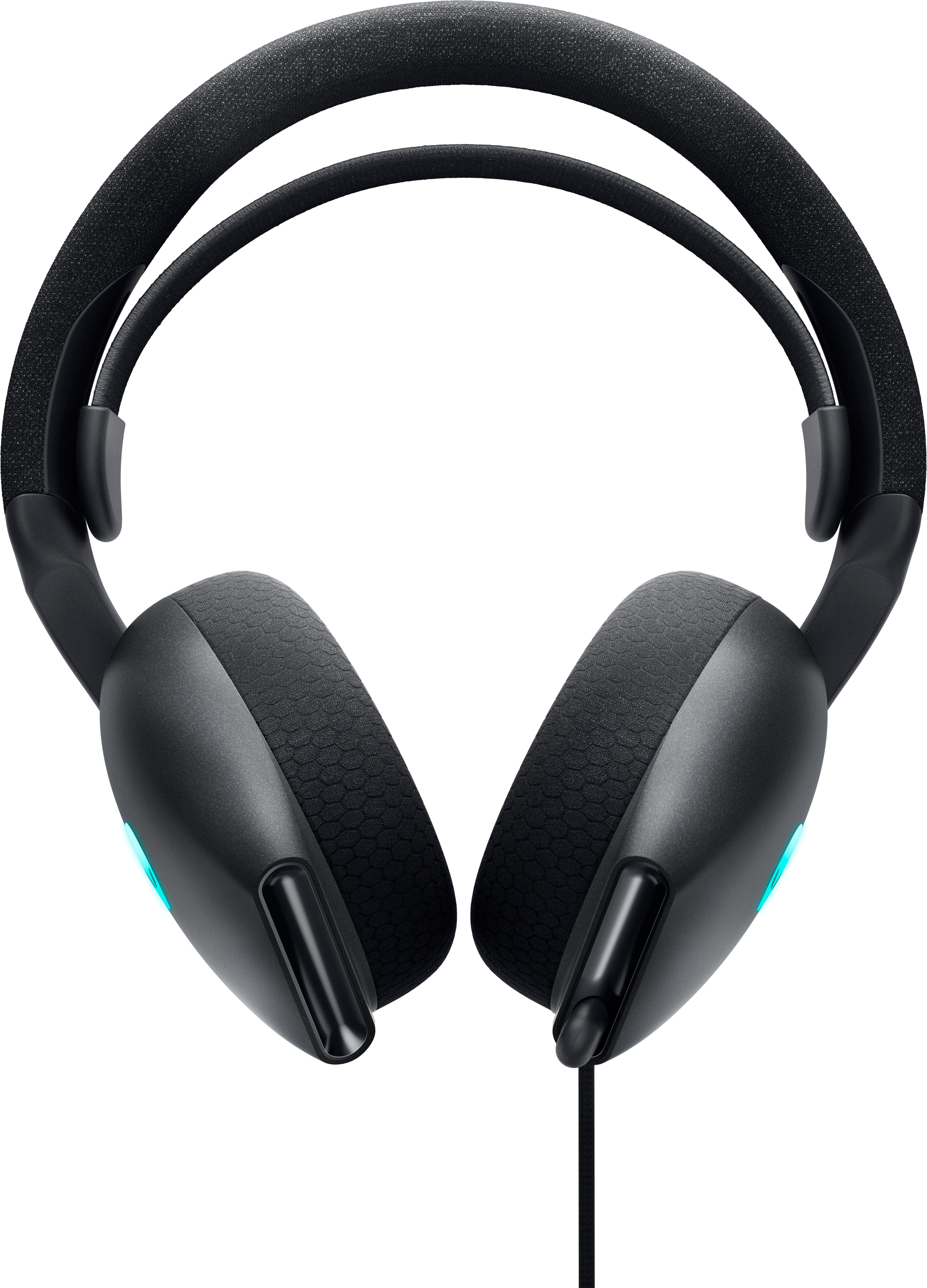 Casque noir, avec un fil et des lumières d'accentuation bleu clair.
