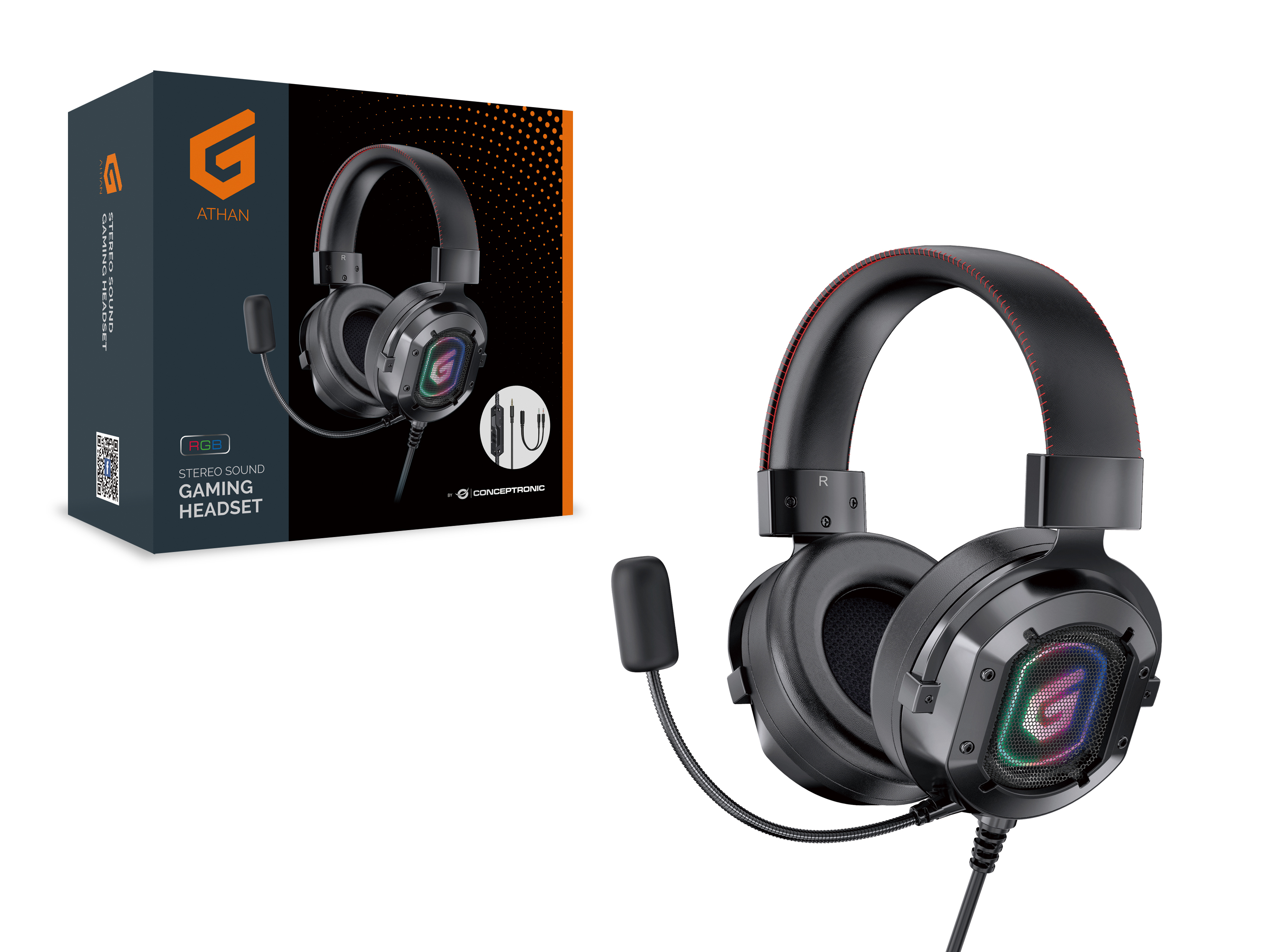 Gaming headset with a box. The headset is black with RGB lights. White background.