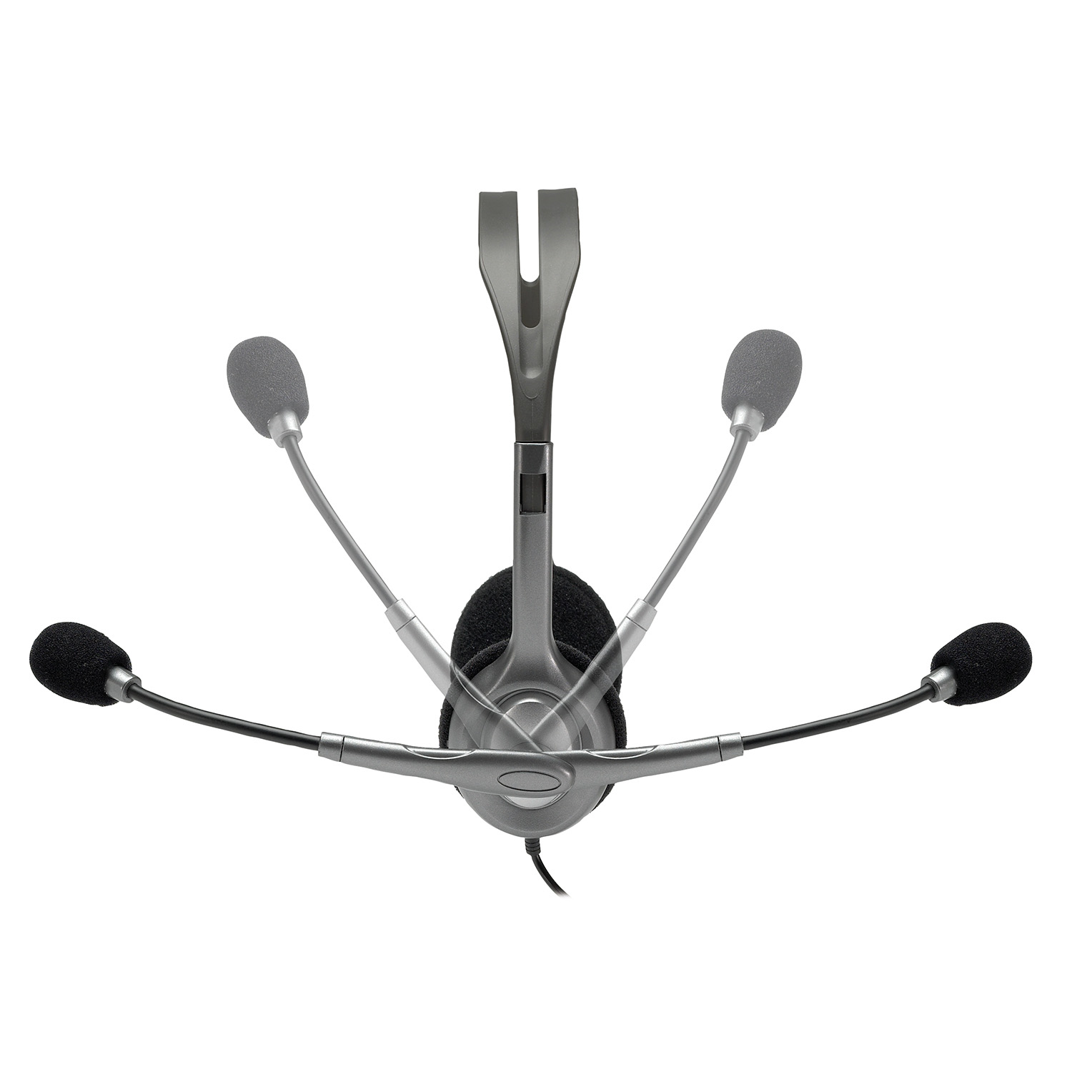 Zestaw słuchawkowy z wieloma rozłożonymi mikrofonami. Szary korpus i czarne osłony mikr.
