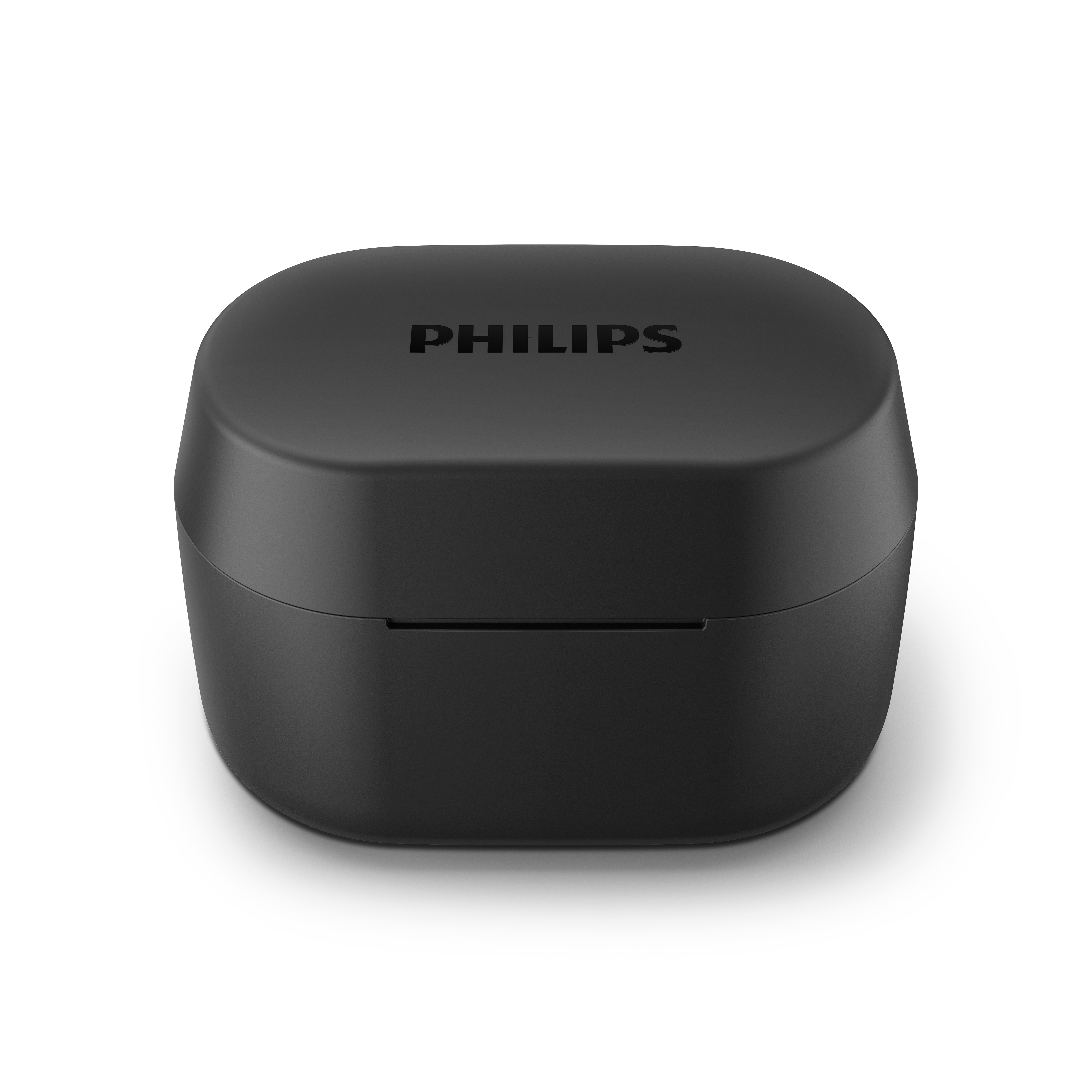 Custodia di ricarica nera per auricolari wireless. Marchio sopra.