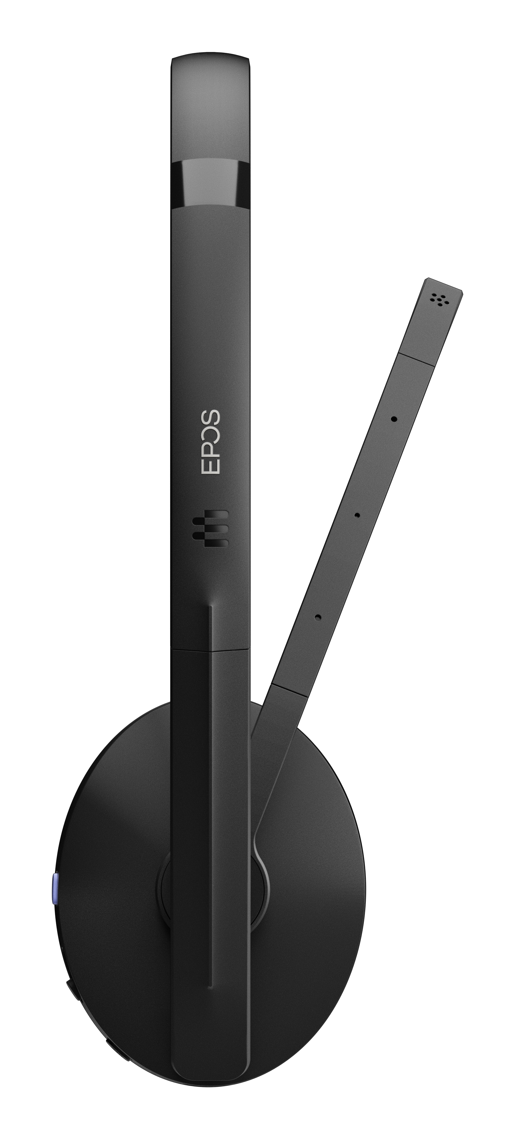 Widok z boku czarnego zestawu słuchawkowego z mikrofonem i marką "EPOS" na białym tle.