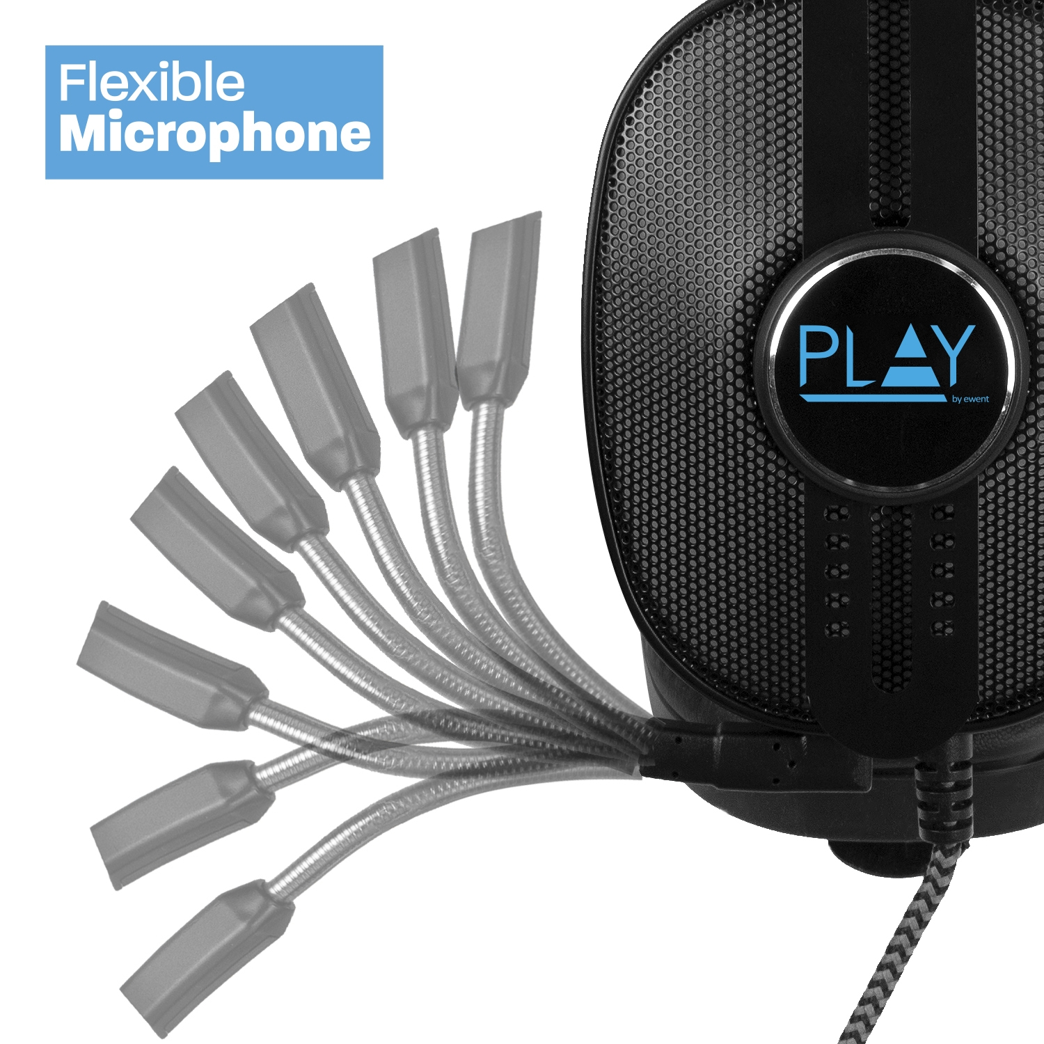 Schwarzes Gaming-Headset mit flexiblem Mikrofon. Das Mikrofon wird in mehreren Positionen gezeigt.
