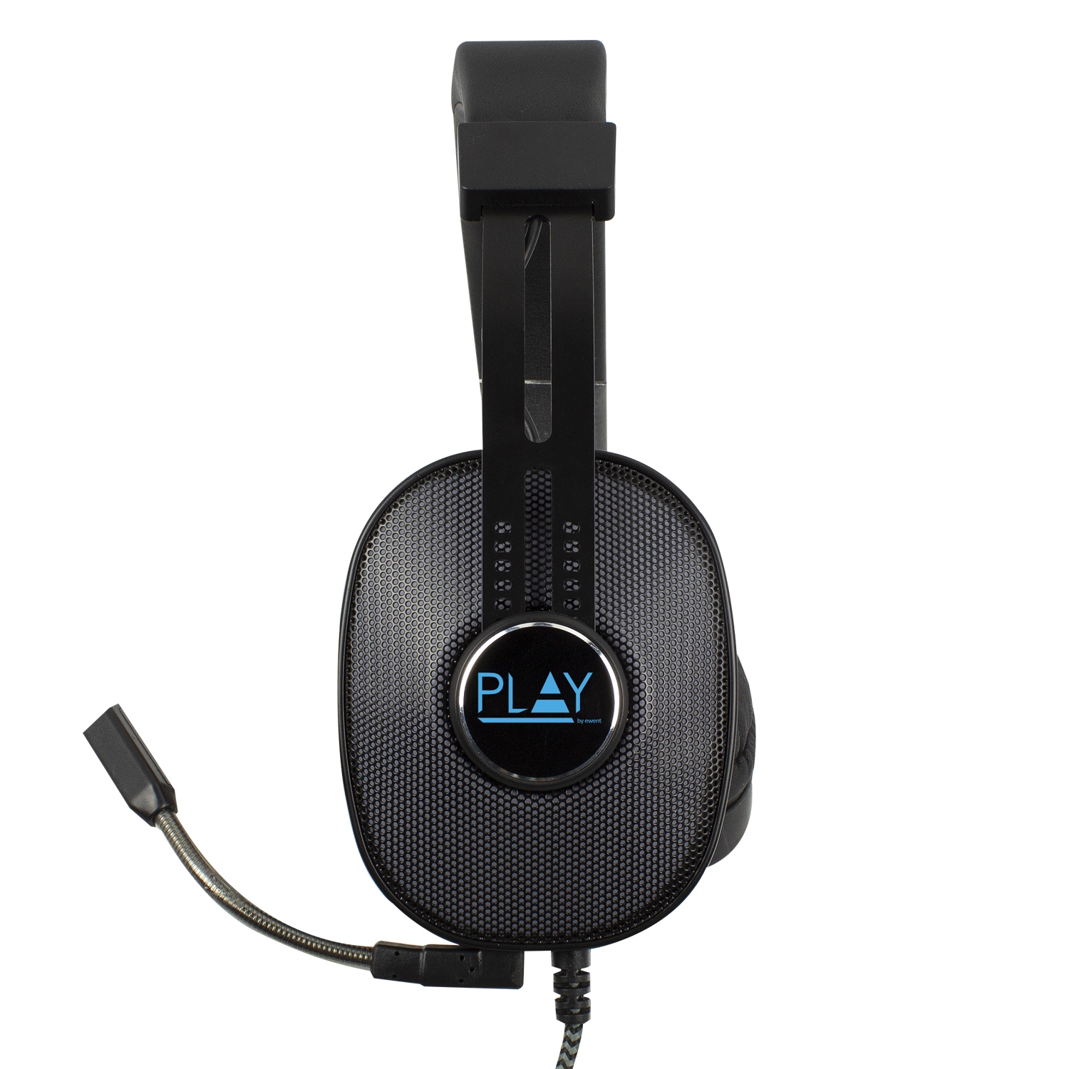 Schwarzes Headset mit Mikrofon. Die Ohrmuscheln sind grau mit dem Wort 'PLAY'. Weißer Hintergrund.