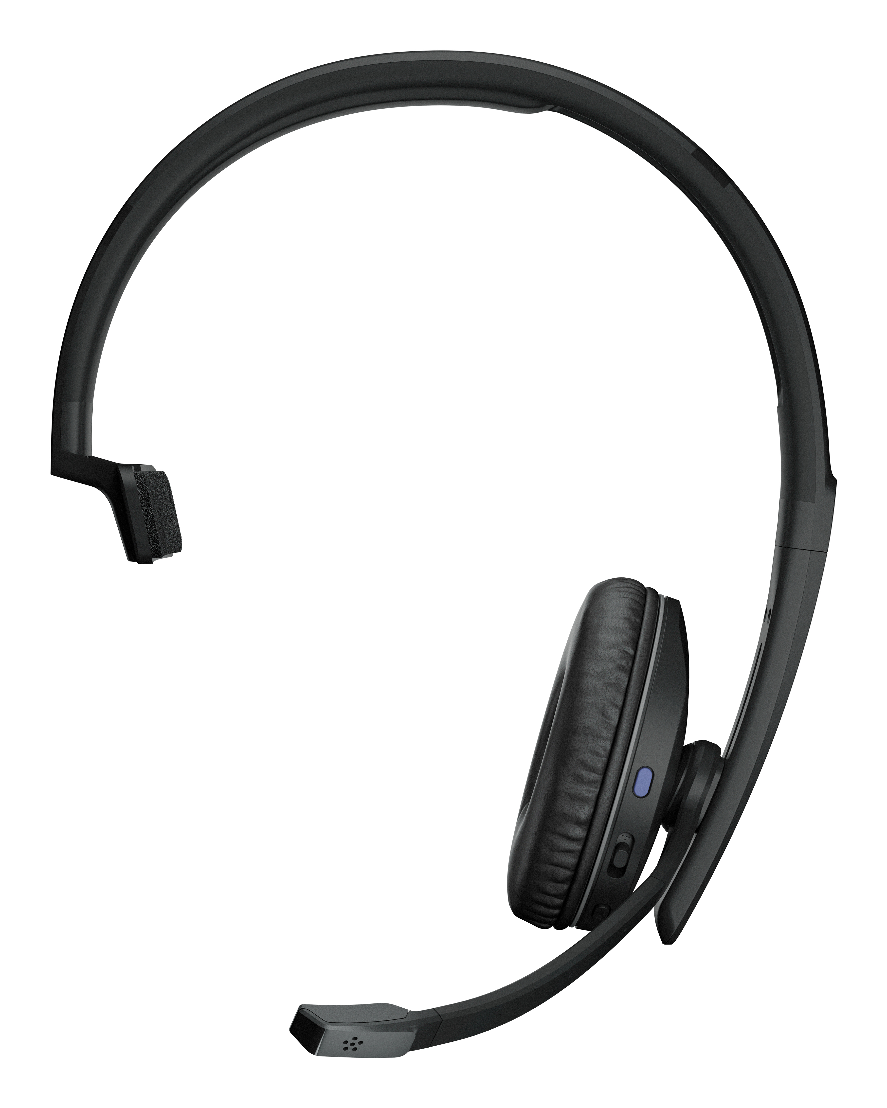 Cuffie nere con archetto curvo e microfono. Il padiglione auricolare è nero, con un pulsante blu.