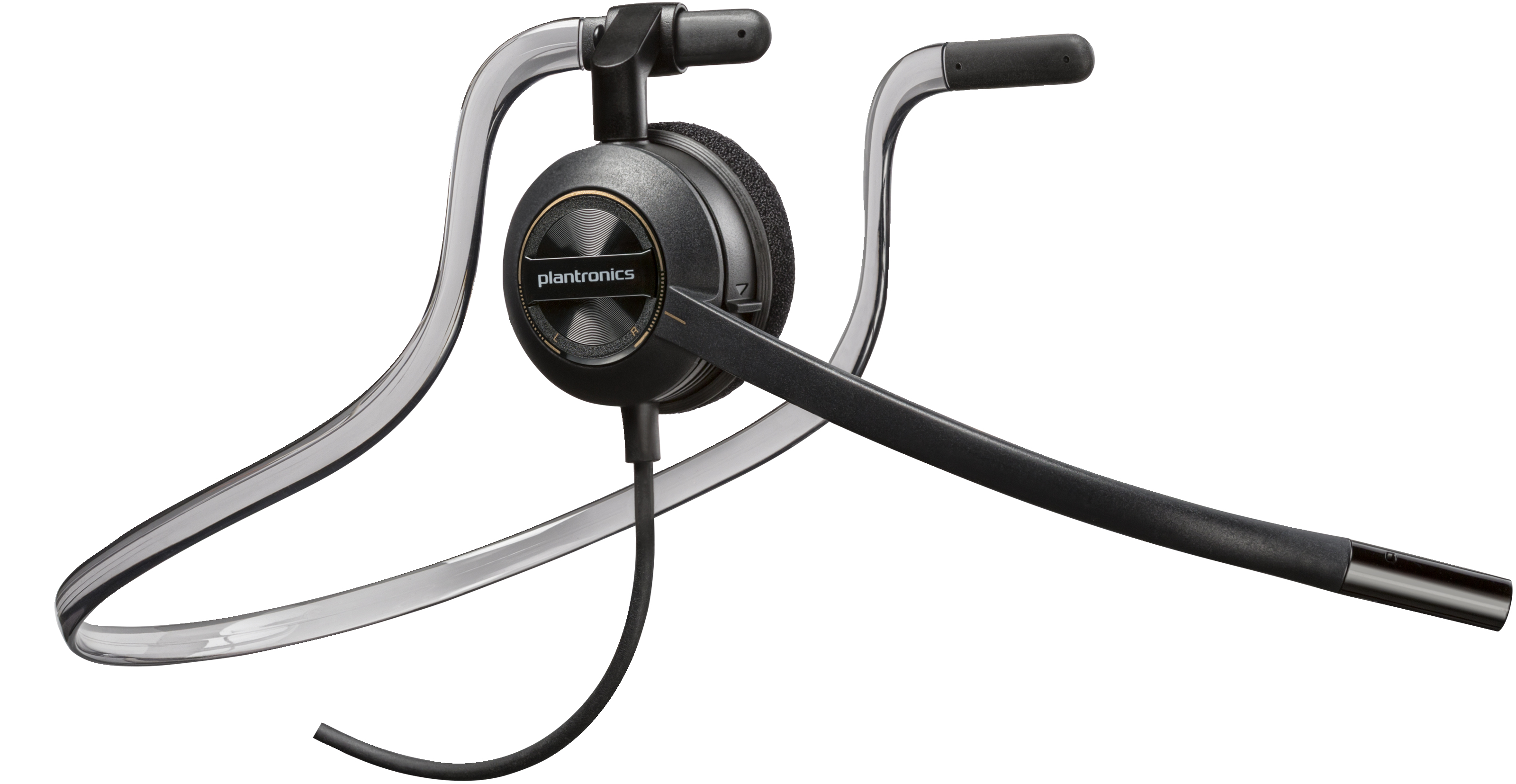 Auriculares Plantronics negros con micro, marco transparente. Cable negro. Fondo blanco.