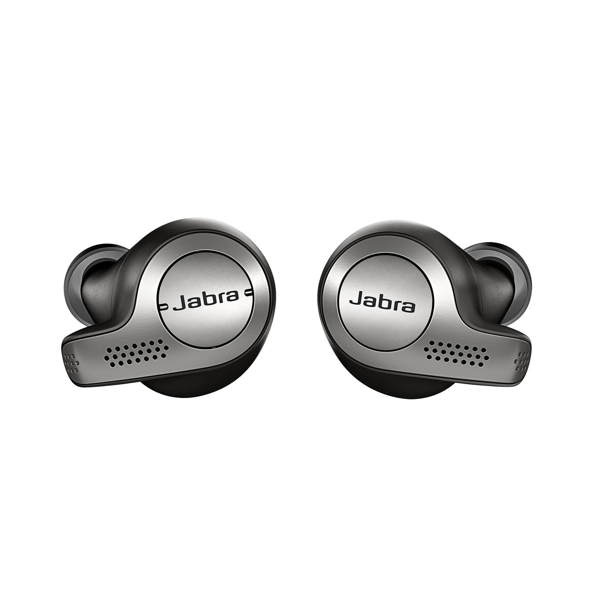 Auricolari Jabra neri con logo Jabra argentato. Sfondo bianco. Gli auricolari sono rotondi.