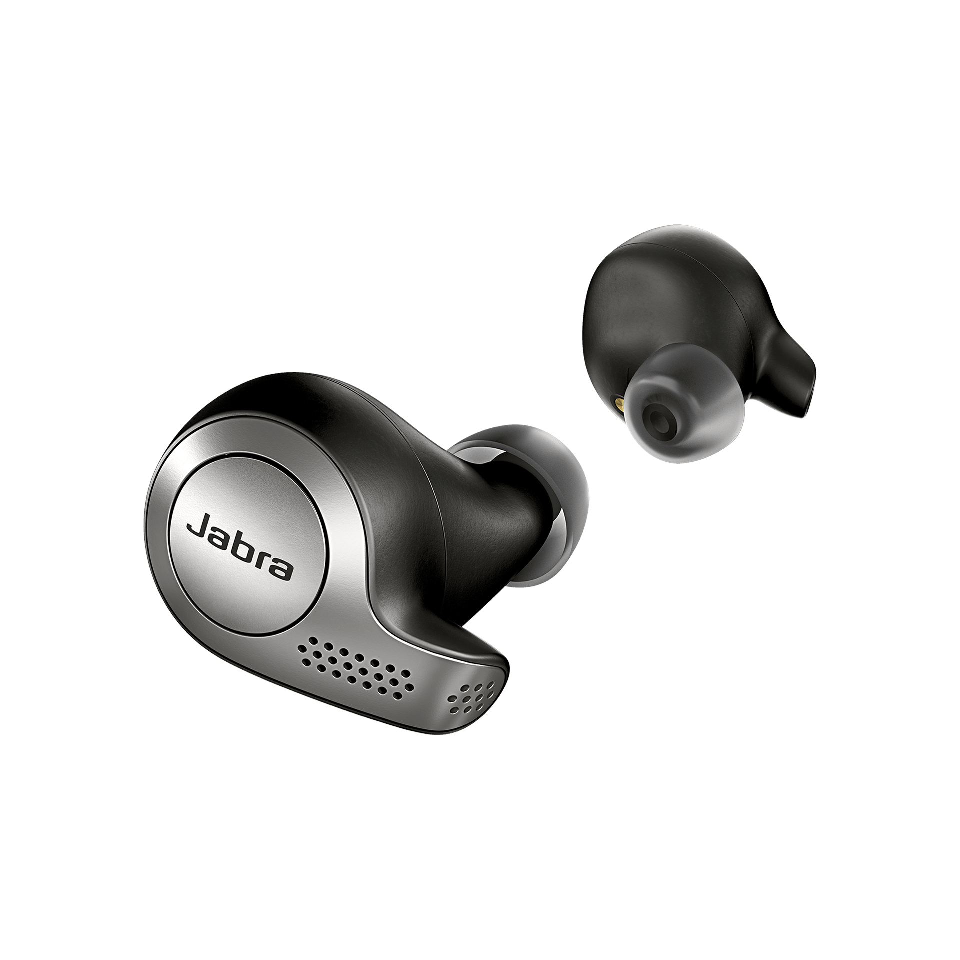 Due auricolari wireless Jabra neri su sfondo bianco. Il logo Jabra è visibile su uno.