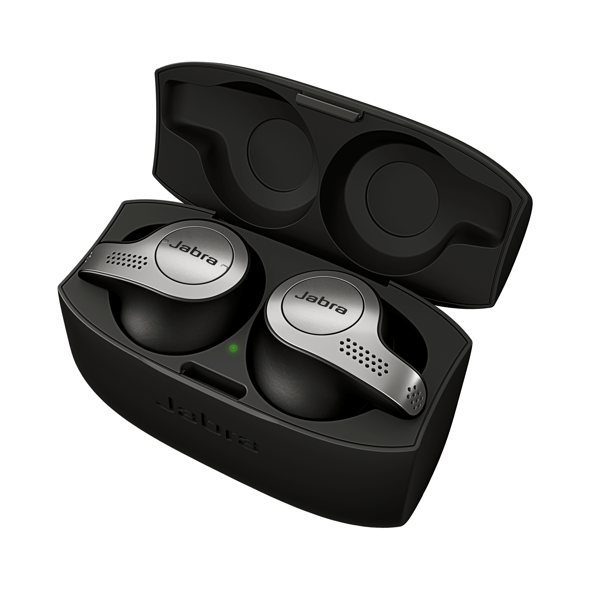 Auricolari wireless Jabra neri in una custodia di ricarica. La custodia è aperta, auricolari visibili.