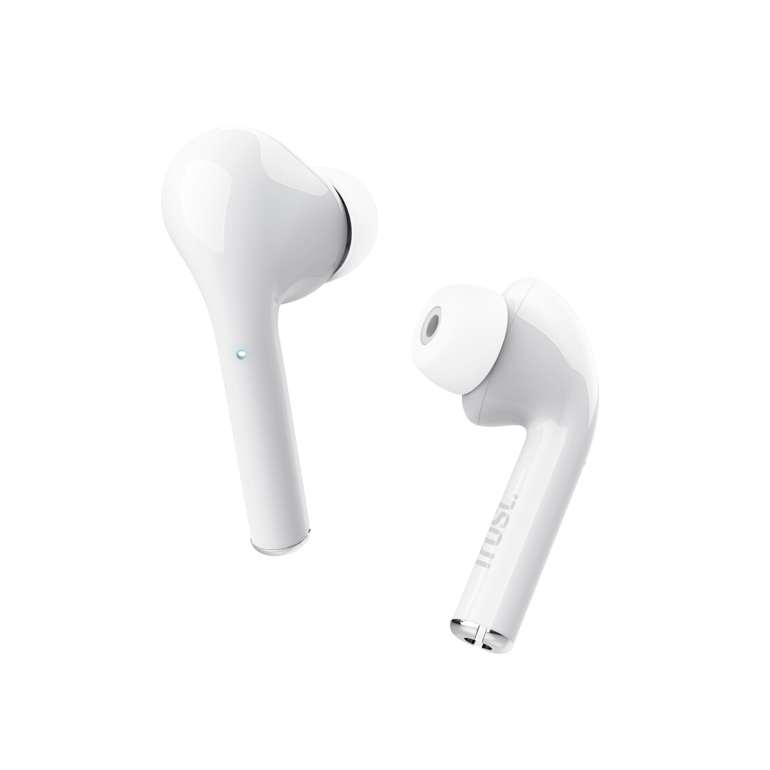 Auricolari wireless bianchi, uno con luce blu, su sfondo bianco. Gli auricolari sono angolati.