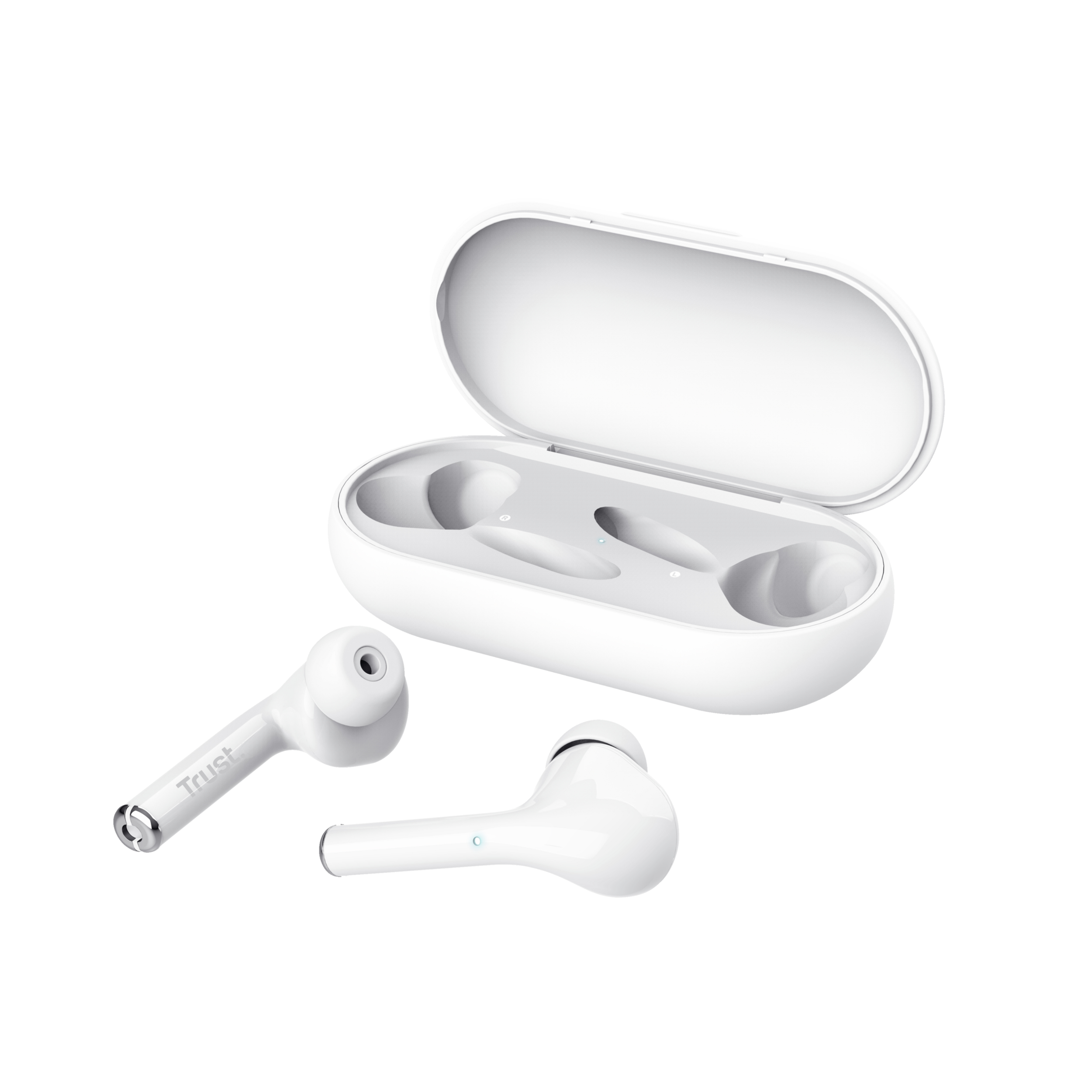 Auricolari bianchi e custodia di ricarica, sfondo bianco.