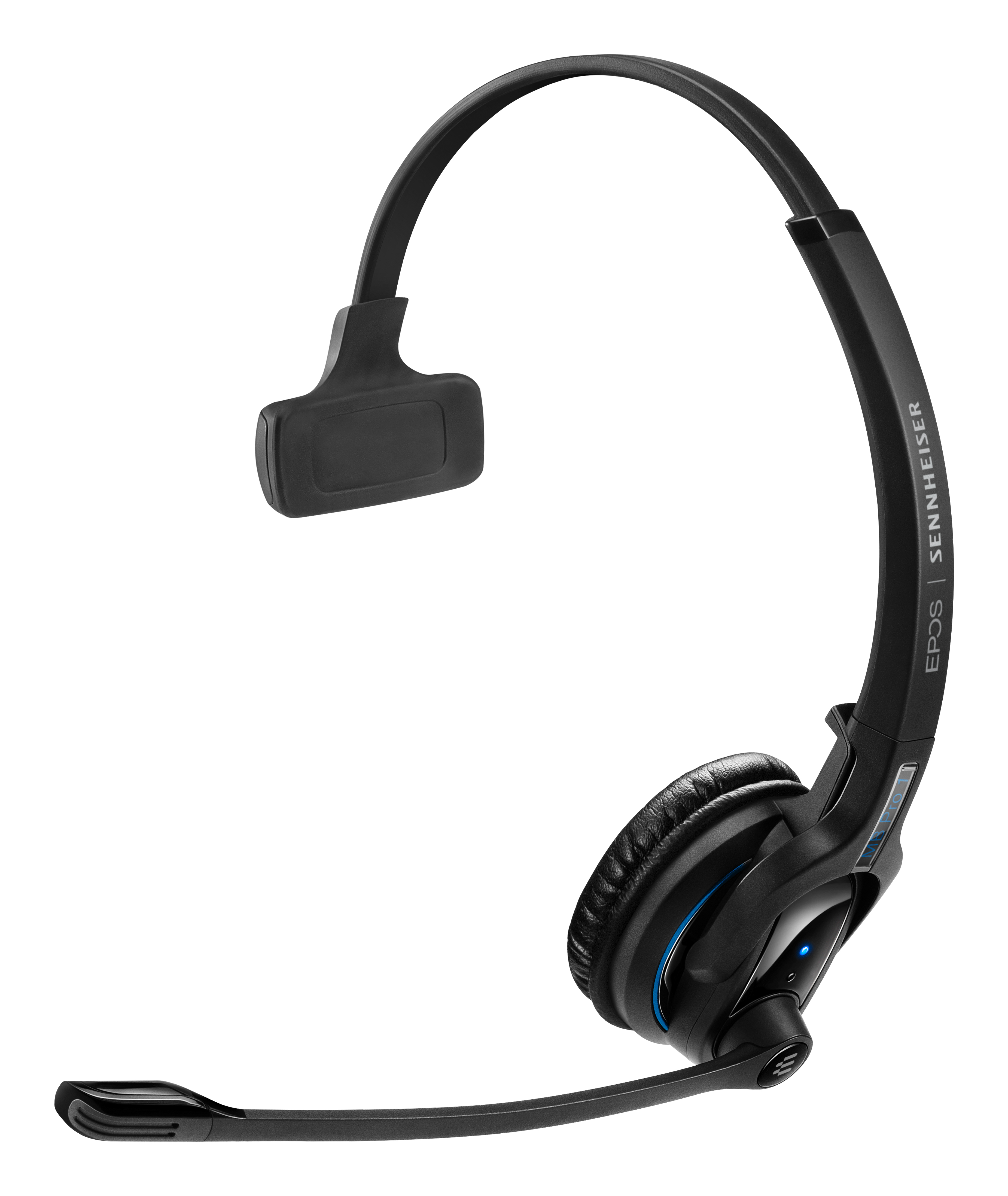 Cuffie nere con microfono. Ha un braccio flessibile e un padiglione auricolare.