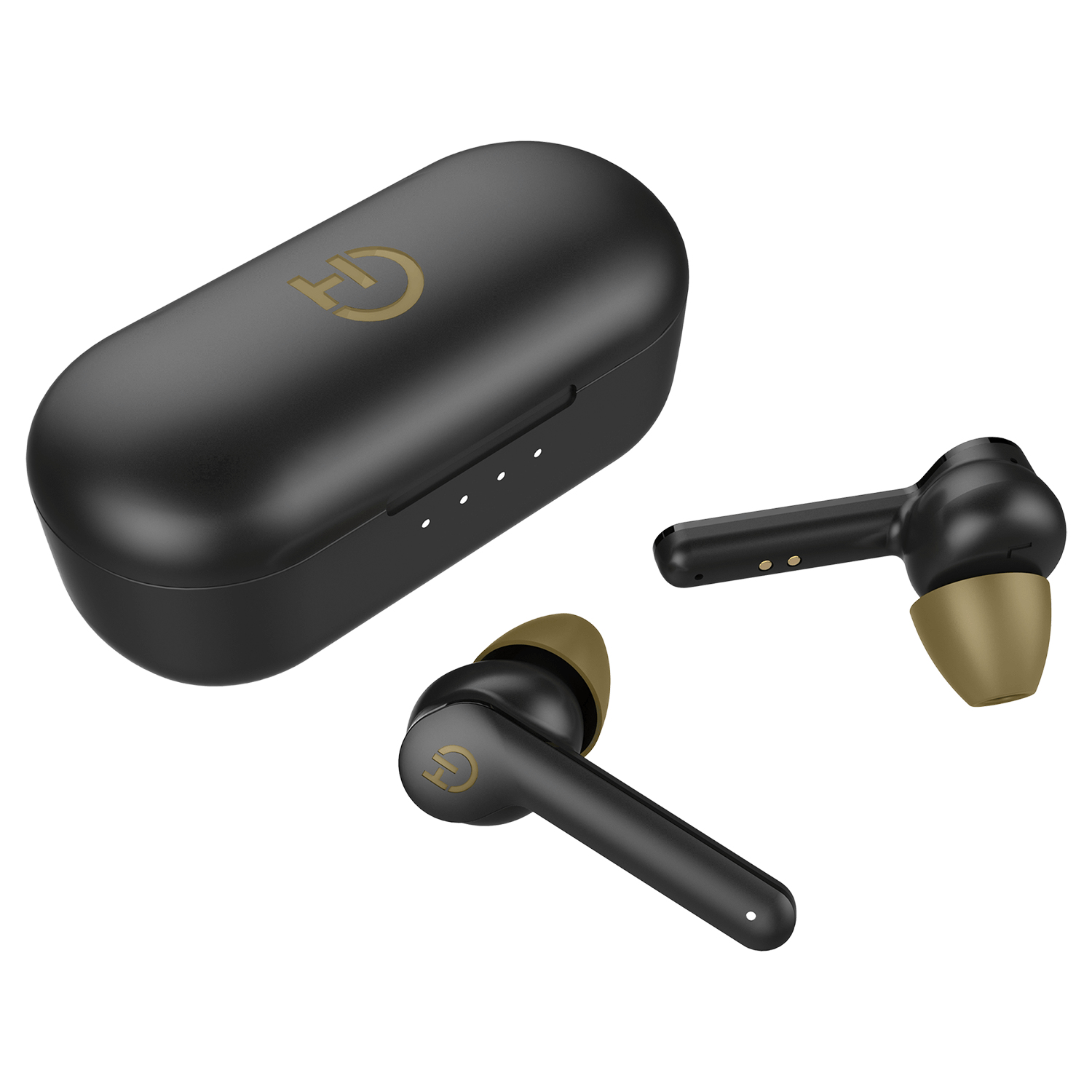 Auricolari wireless neri e custodia di ricarica con dettagli dorati, sfondo bianco.