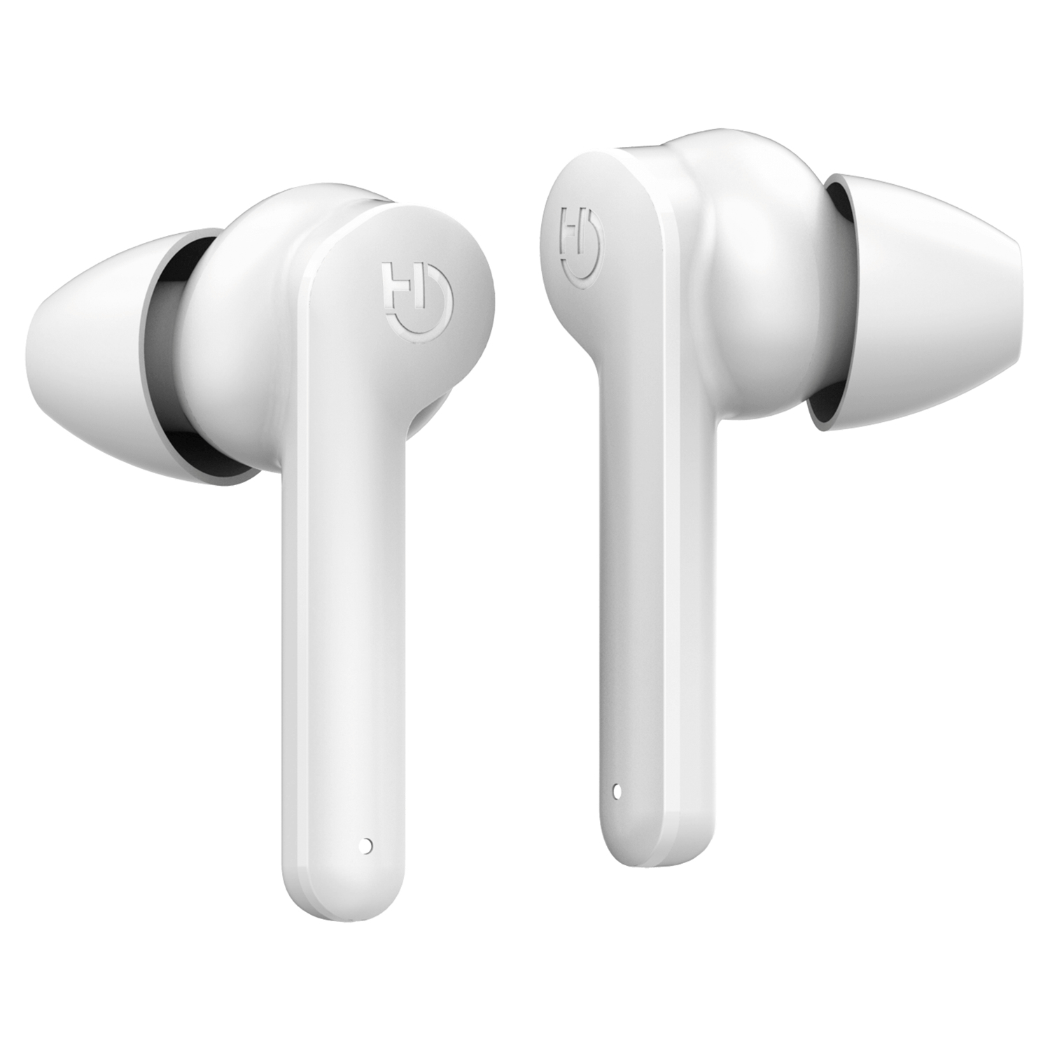 Auricolari bianchi, vista angolata, su sfondo bianco, con logo.