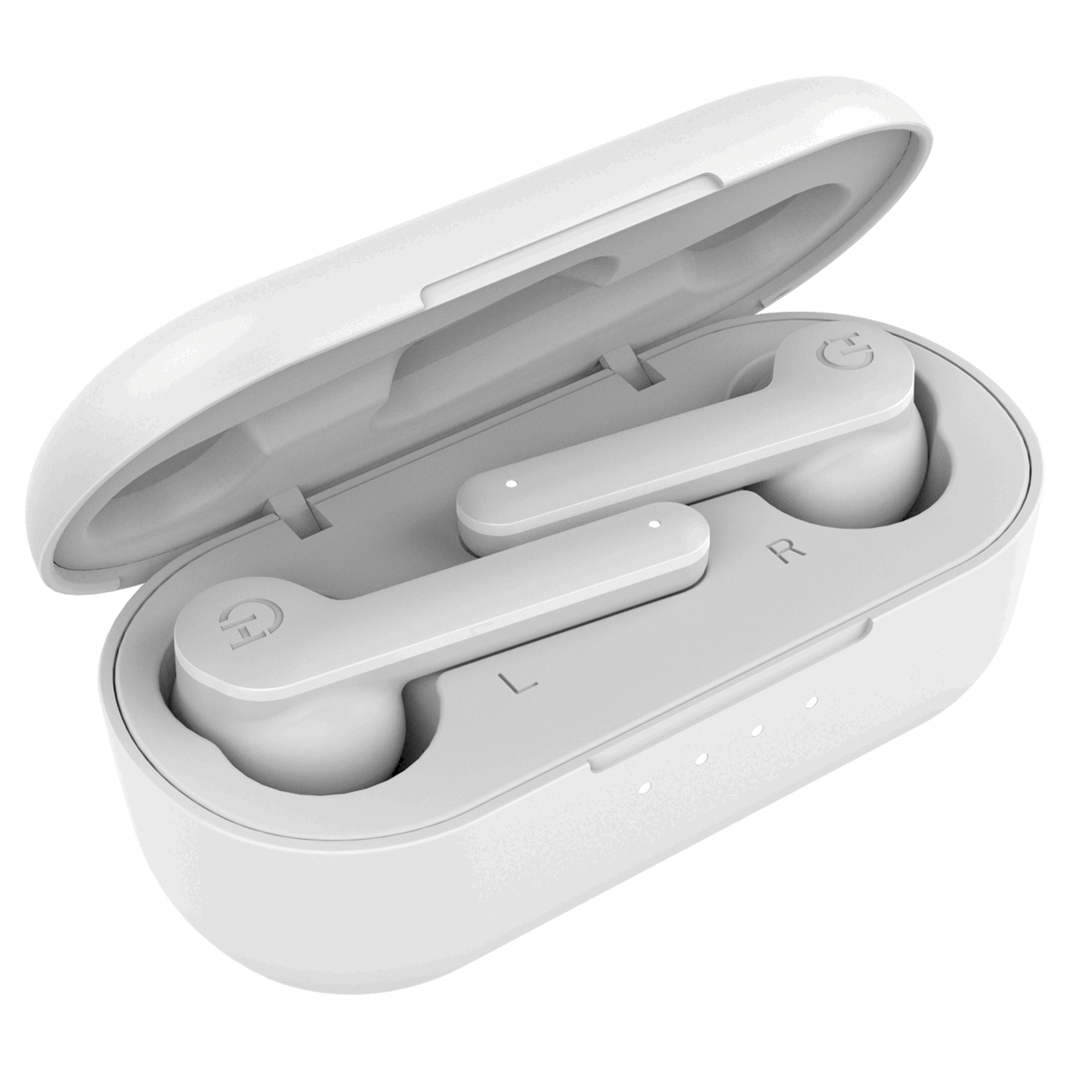 Auricolari bianchi in una custodia di ricarica bianca, angolati su sfondo bianco.