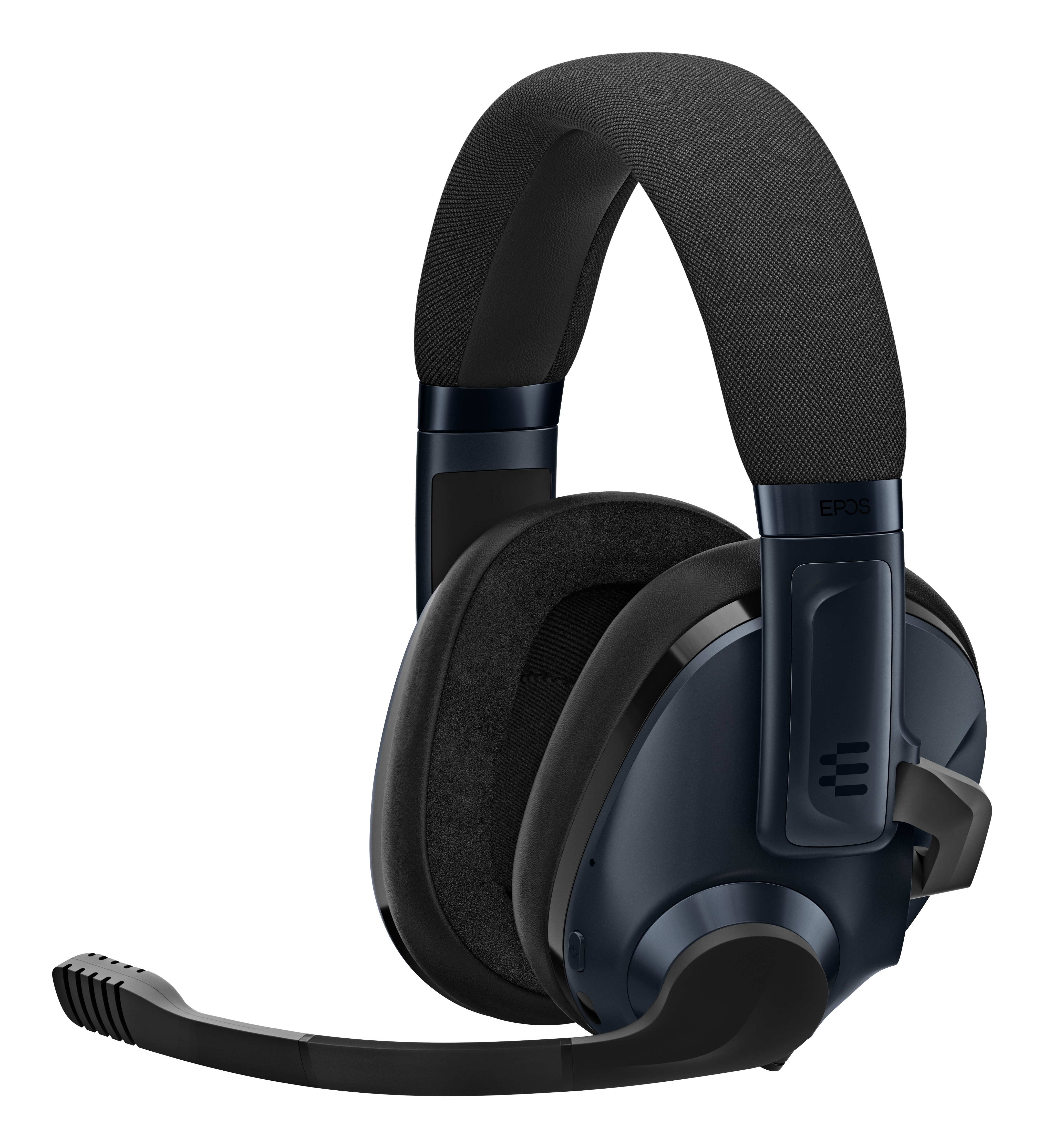 Dunkelblaues Headset mit Mikrofon, schwarzer Polsterung und Ohrmuscheln.
