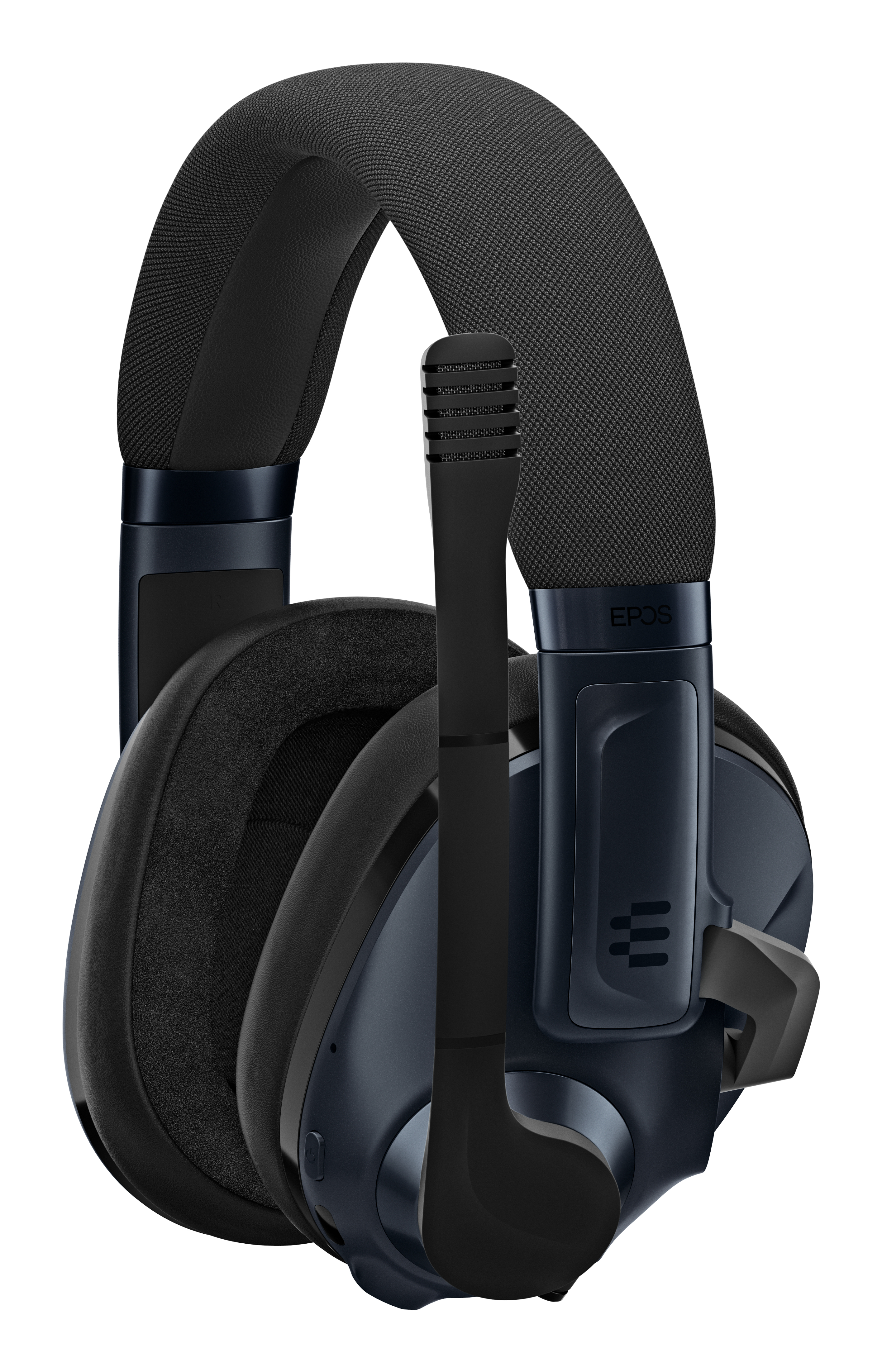 Schwarz-dunkelblauer Kopfhörer mit Mikrofon, Over-Ear-Stil, mit Markennamen.