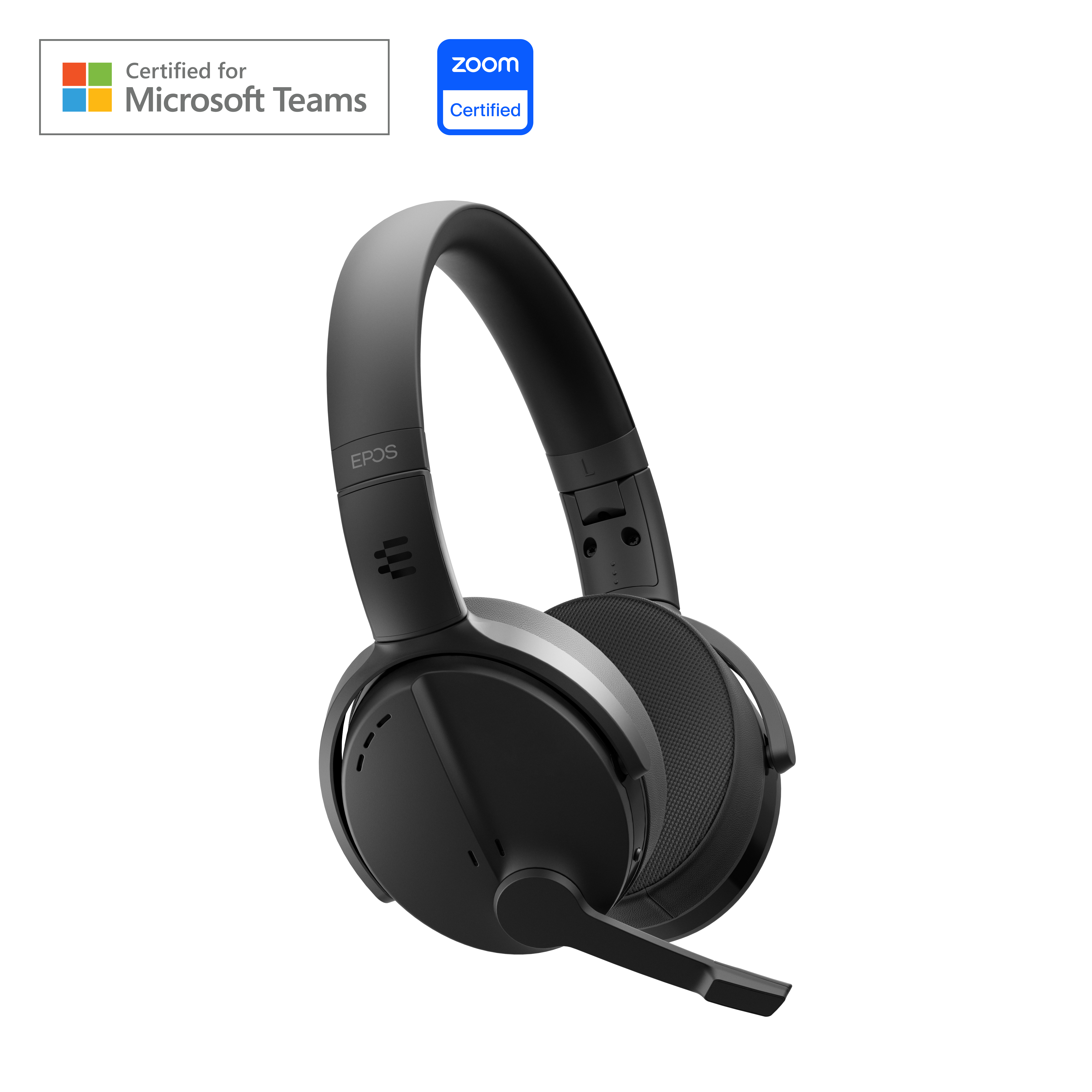 Schwarzes Headset mit Mikrofon. Zoom- und Microsoft Teams-zertifiziert. Der Hintergrund ist weiß.