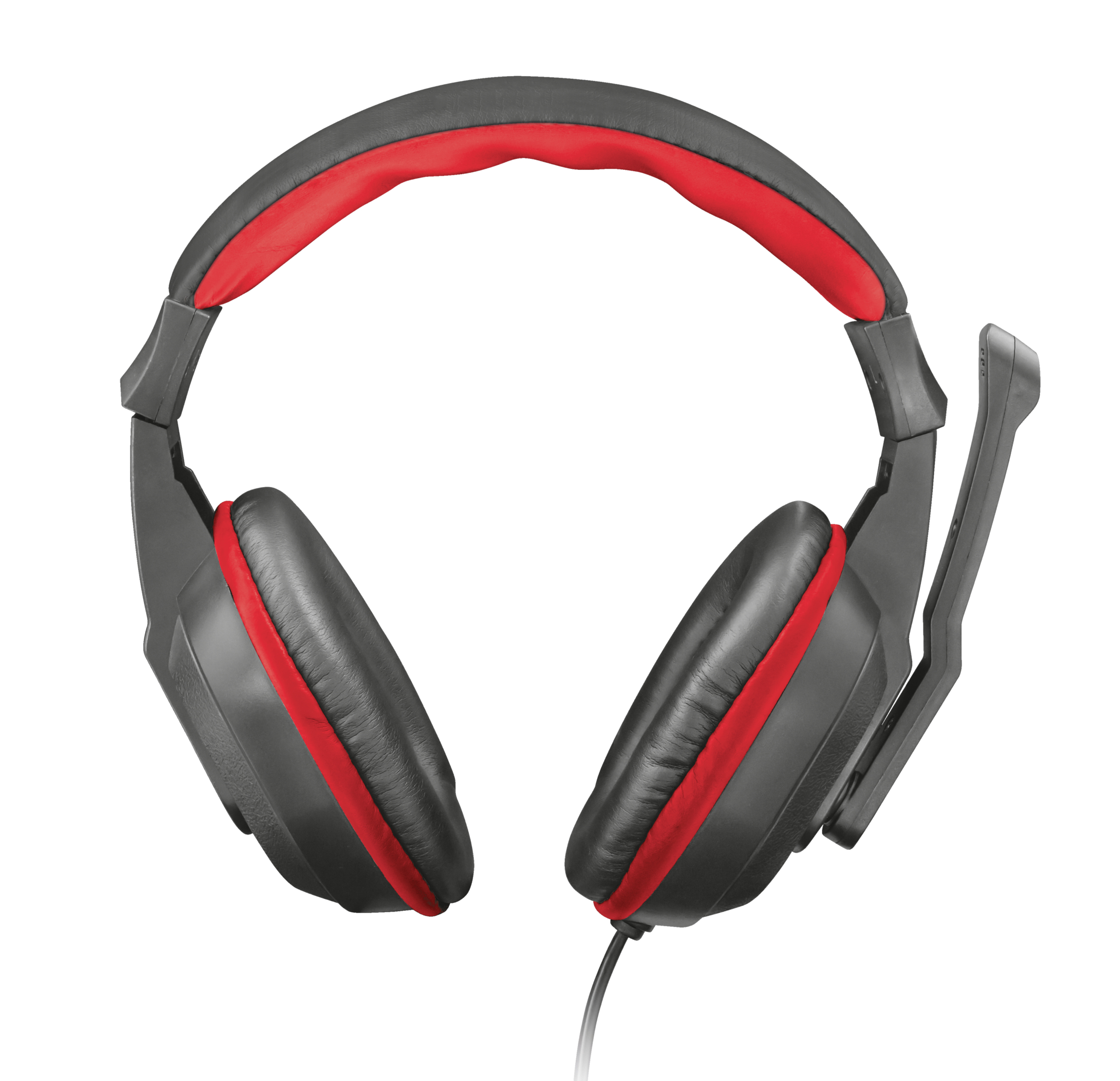 Cuffie da gioco nere e rosse con microfono. Sfondo bianco. Vista dall'alto.