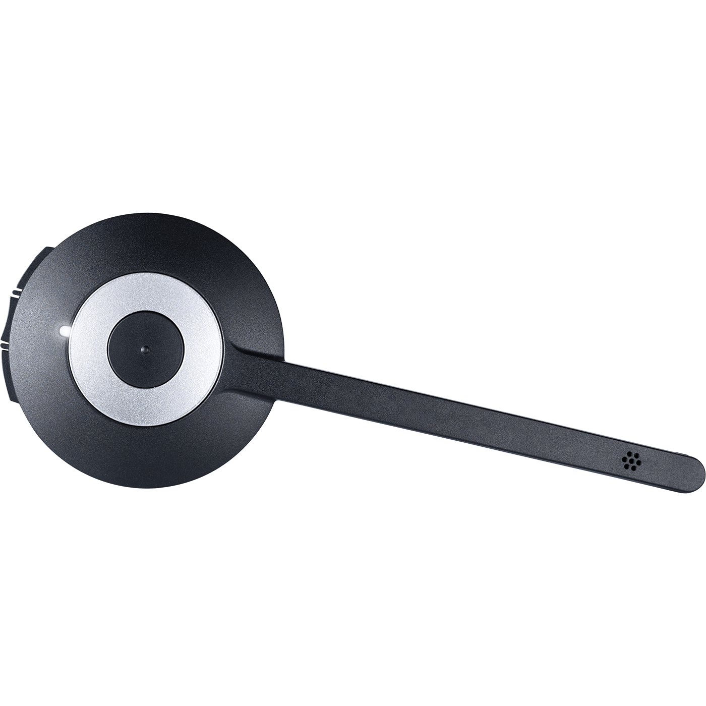 Widok z góry na czarny zestaw słuchawkowy z mikrofonem. Białe tło.