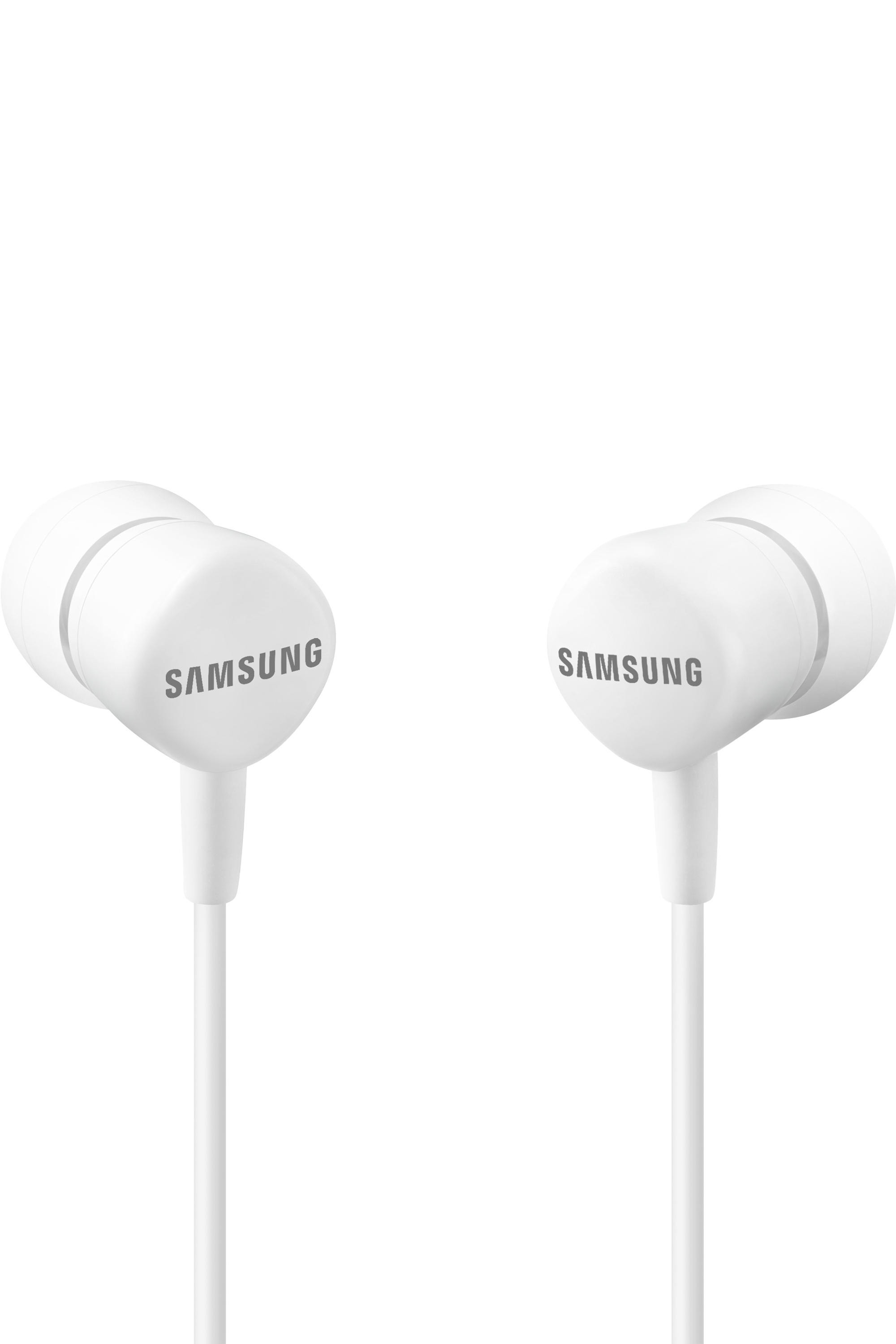 Białe słuchawki douszne z napisem "SAMSUNG". Białe tło.