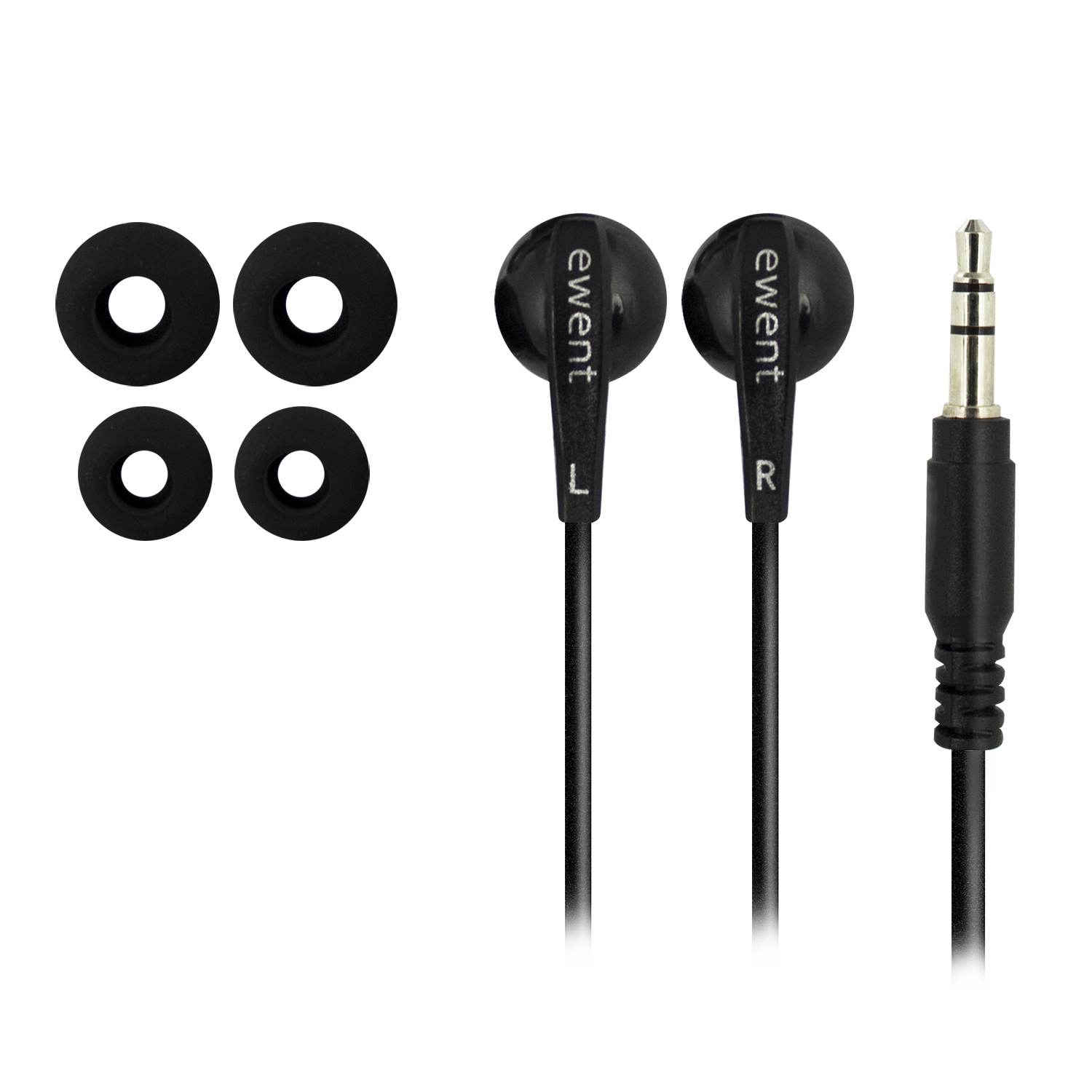 Auricolari neri con punte extra e jack. Sfondo bianco.