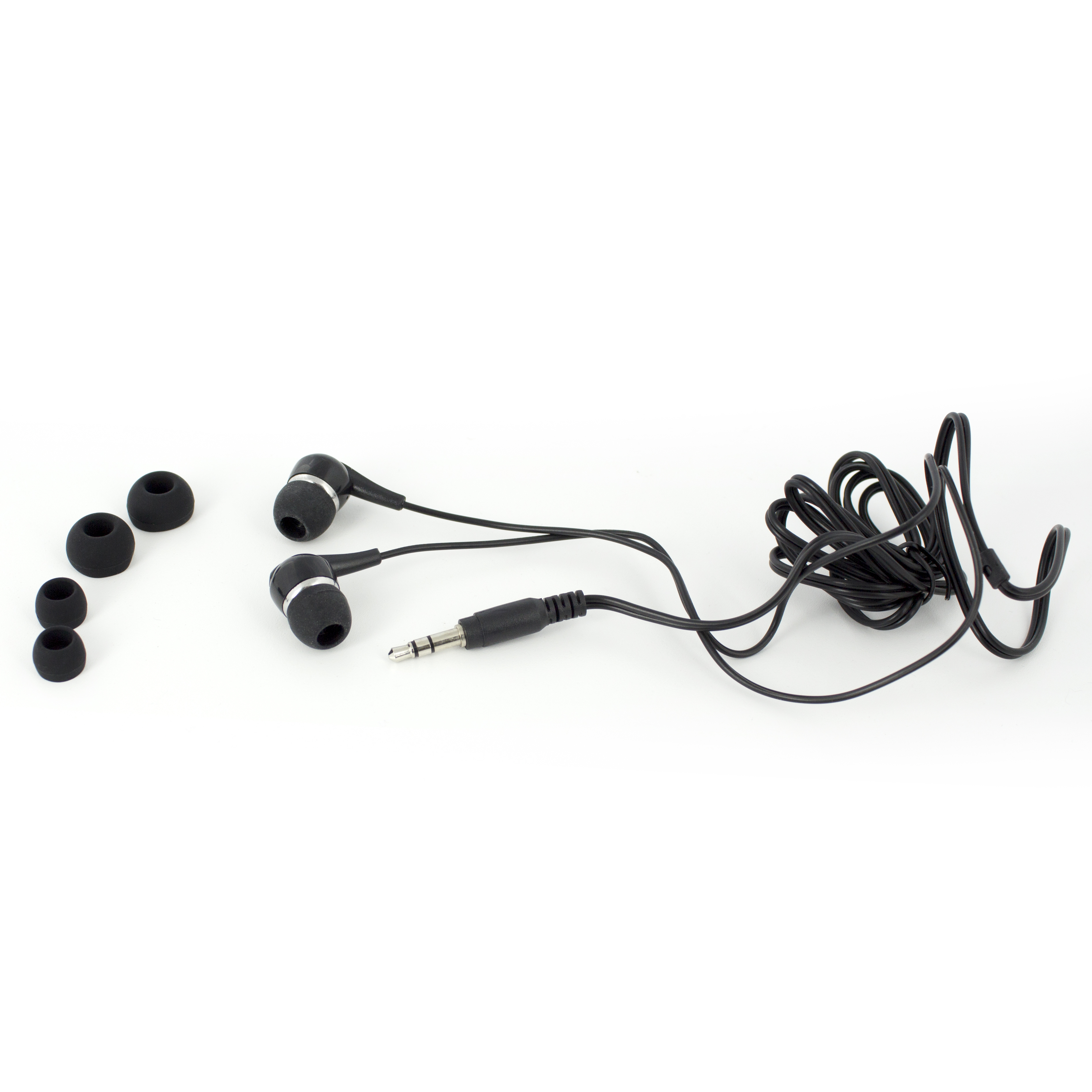 Auricolari neri, punte extra e un cavo connettore su sfondo bianco.