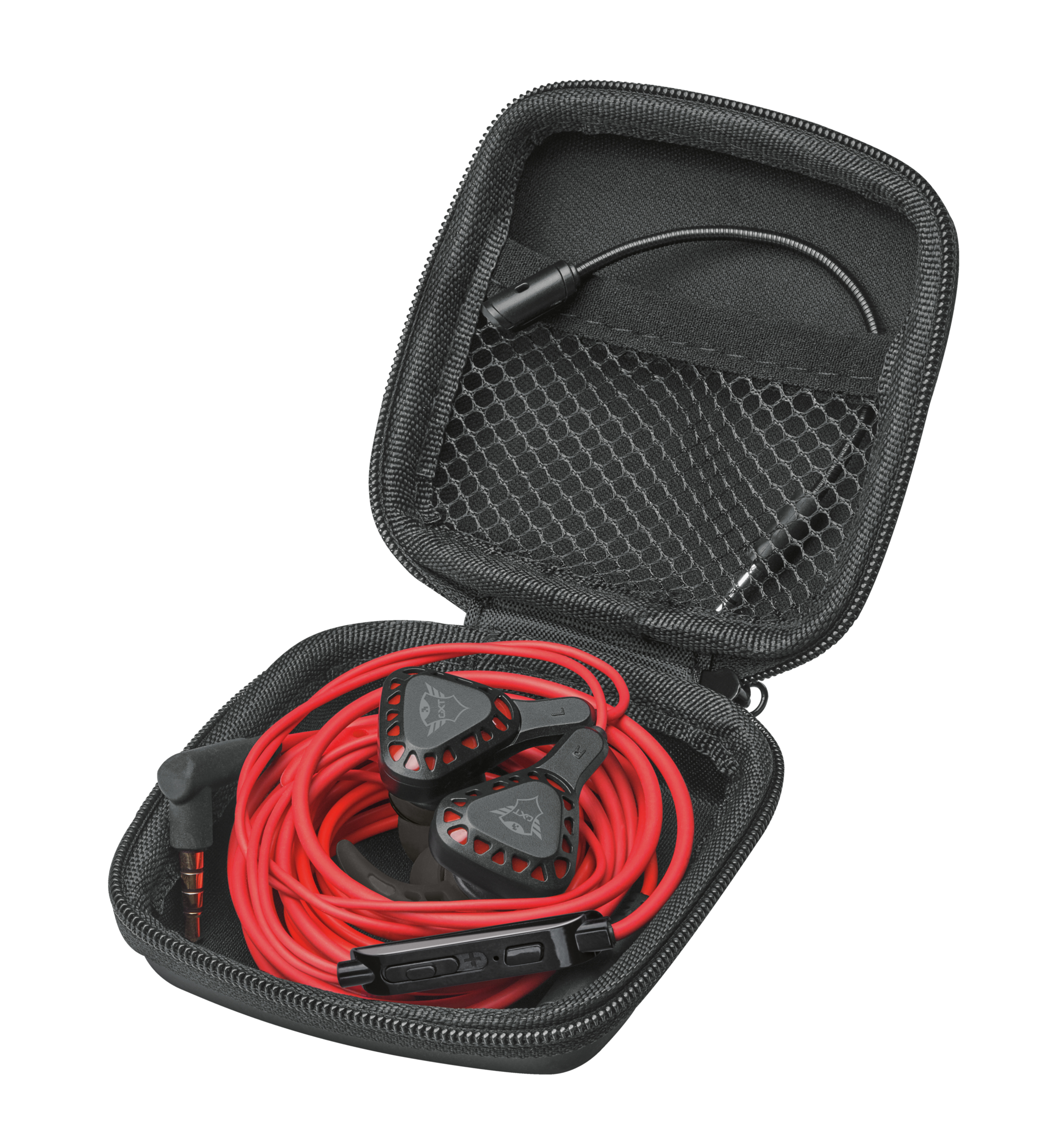 Auricolari all'interno di un astuccio nero. Cavo rosso e microfono visibili.