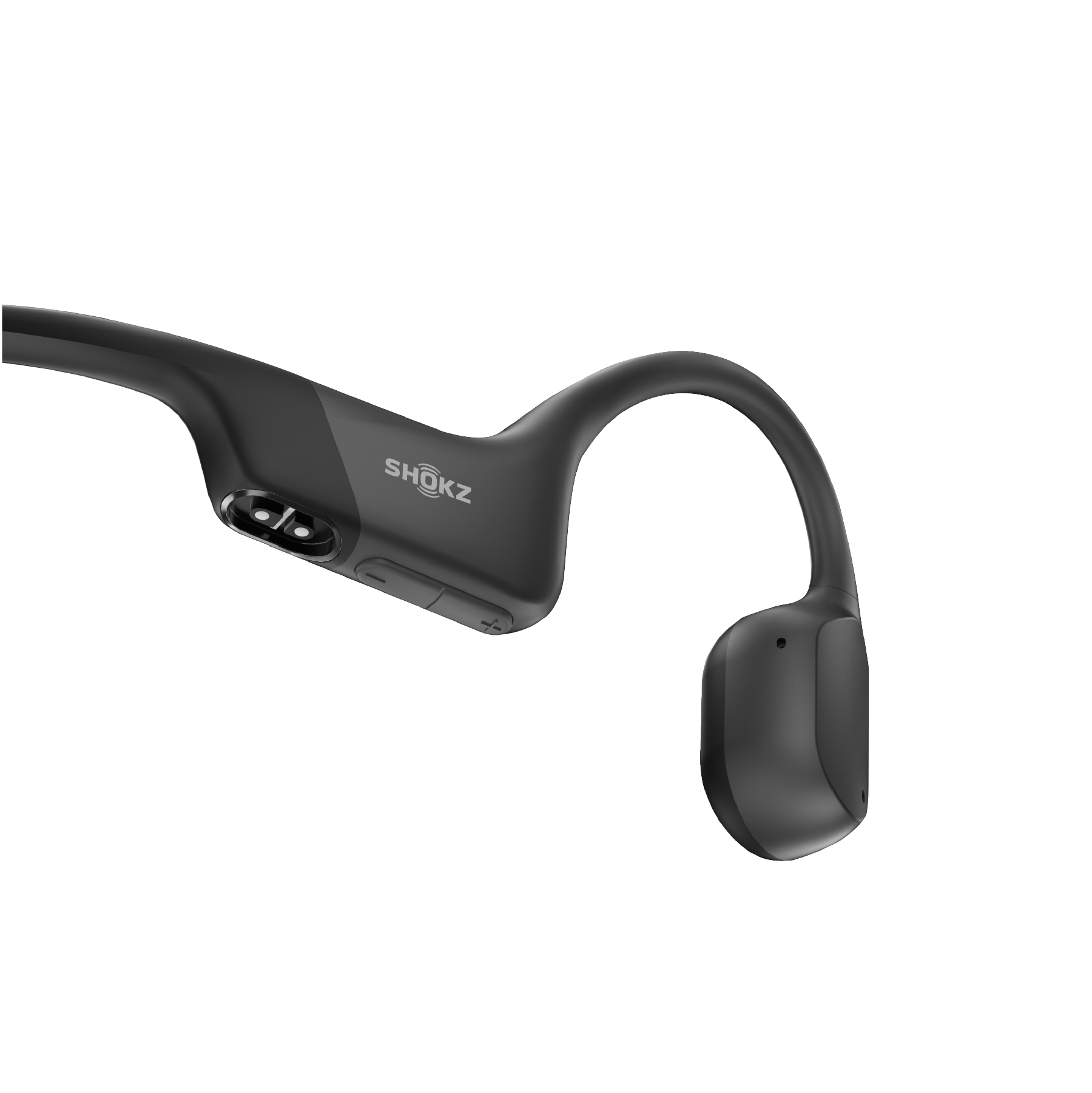 Schwarze Shokz-Knochenschallkopfhörer, schräge Ansicht, auf weißem Hintergrund. Das Shokz-Logo ist sichtbar.