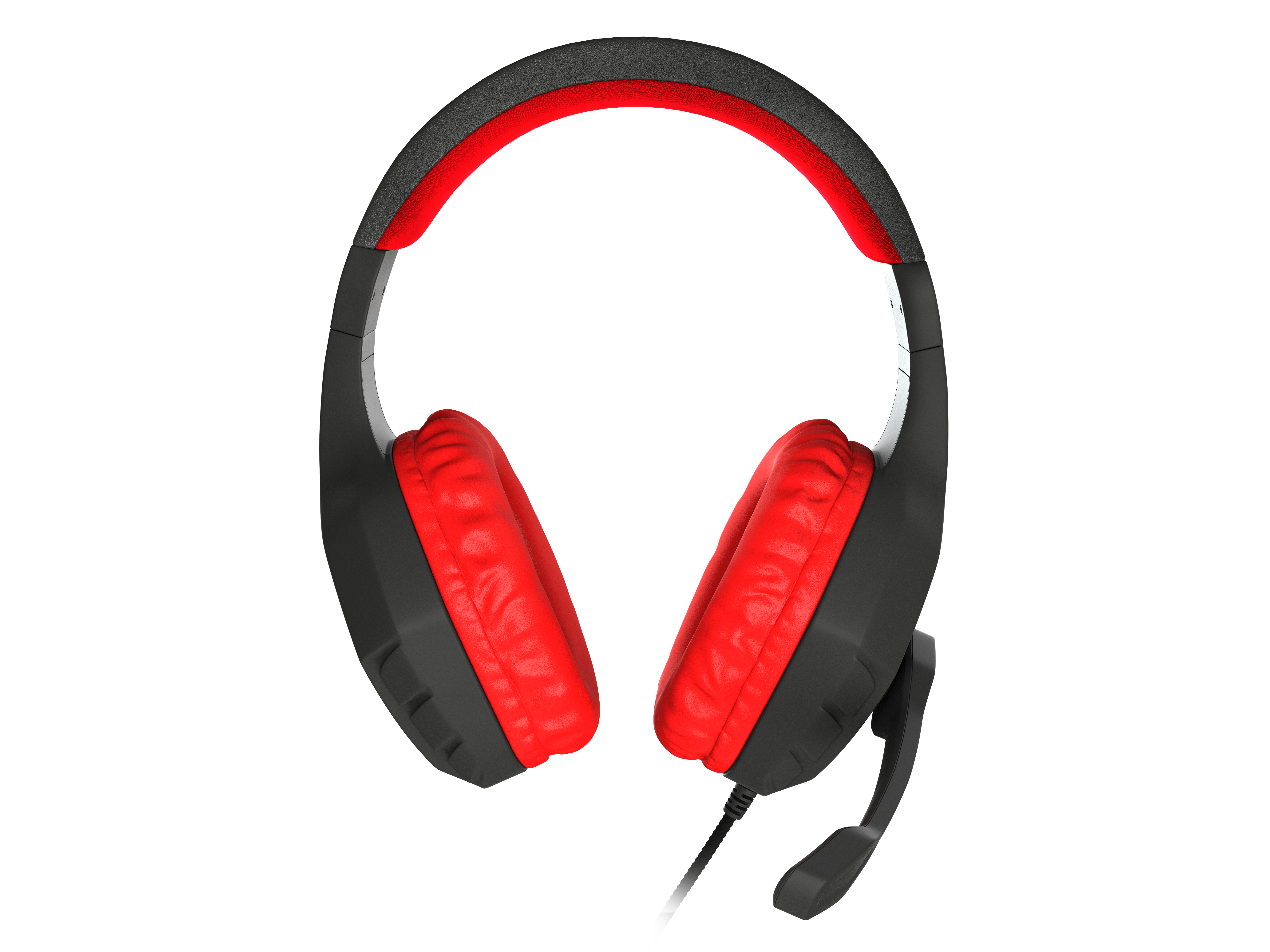 Auriculares para juegos negros y rojos con micrófono. Las copas rojas rodean las orejas.