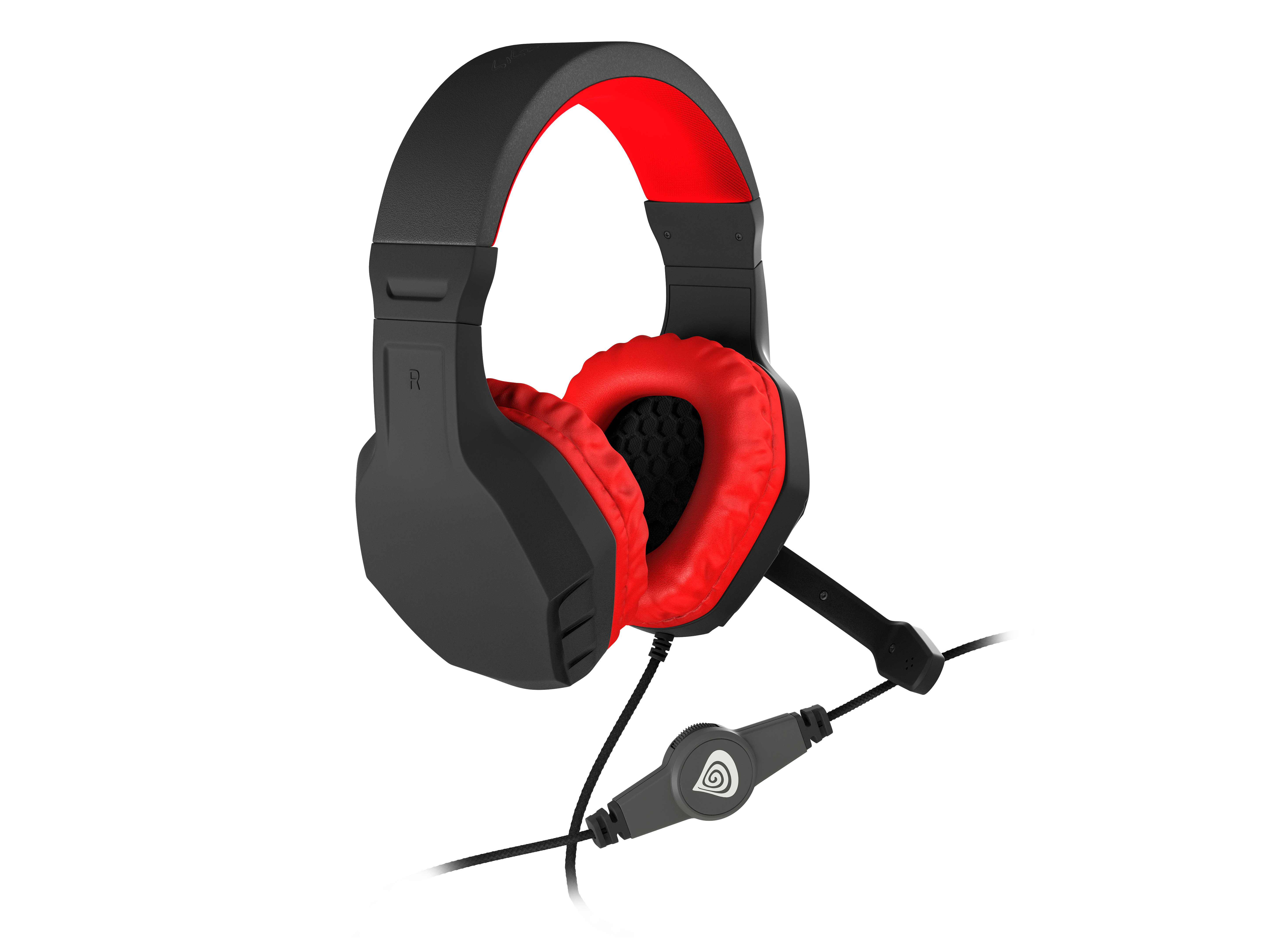Auriculares gaming negros y rojos con micrófono sobre fondo blanco.