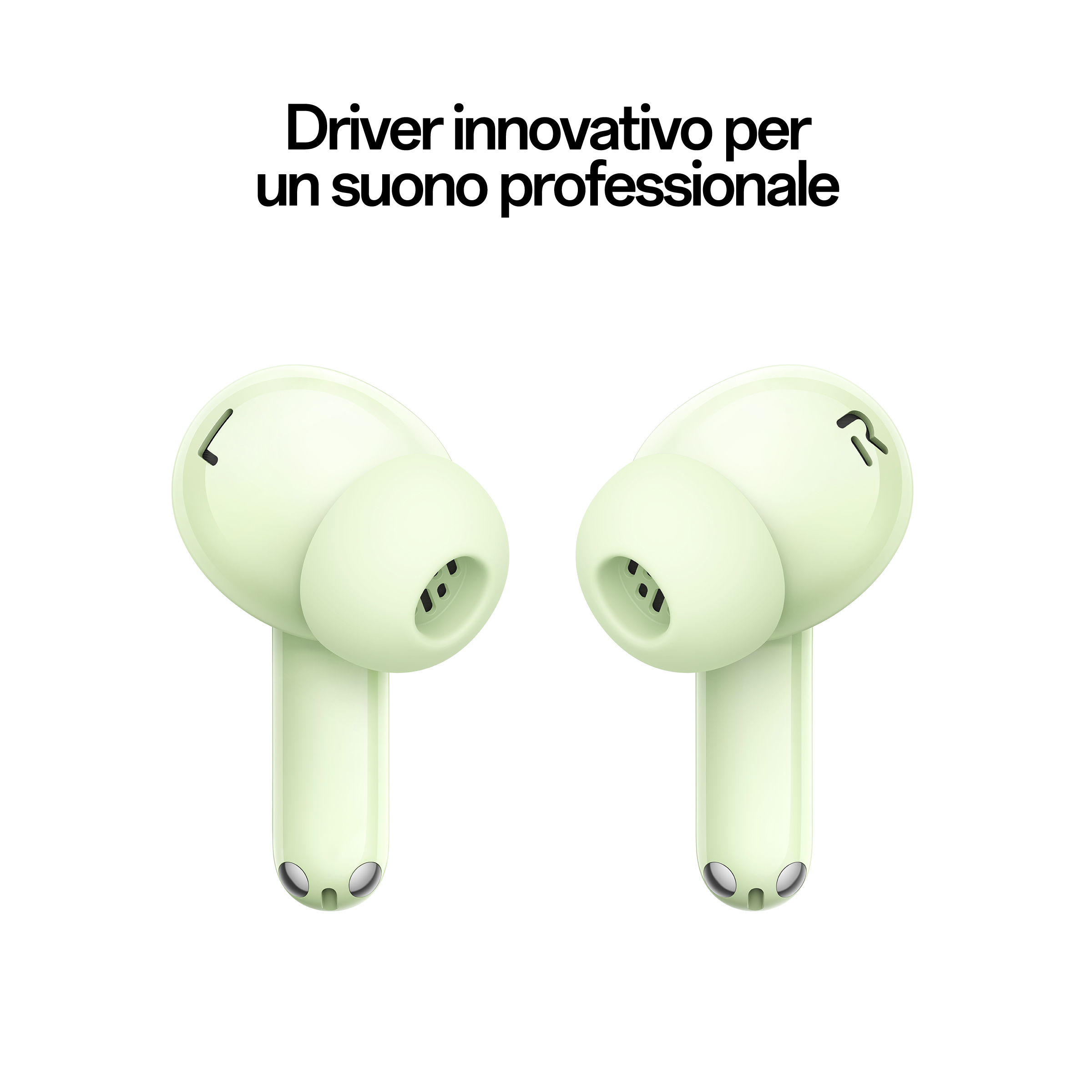 Due auricolari verde chiaro su sfondo bianco con testo sopra.
