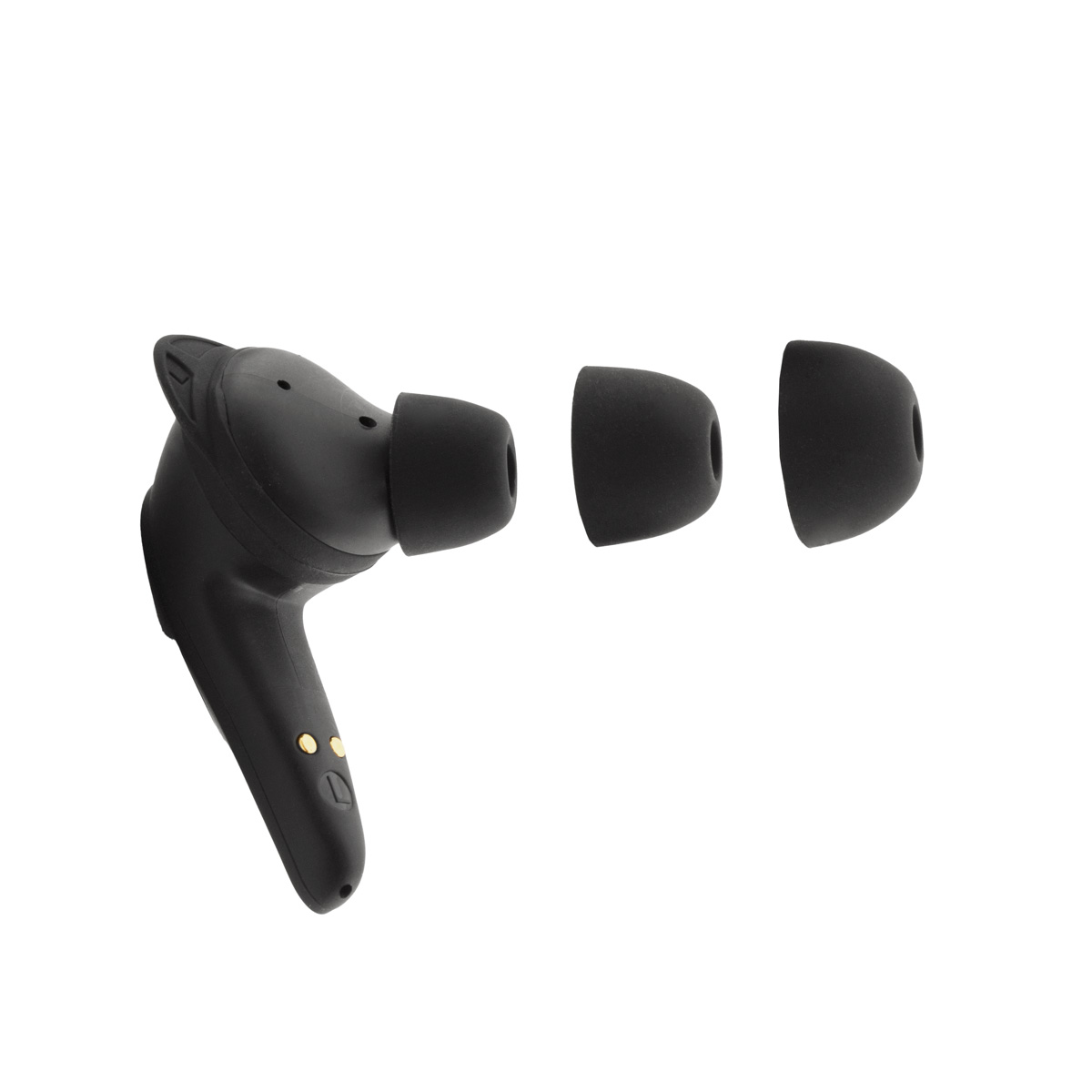Auricolari neri con auricolari aggiuntivi. Un auricolare e due punte, su sfondo bianco.