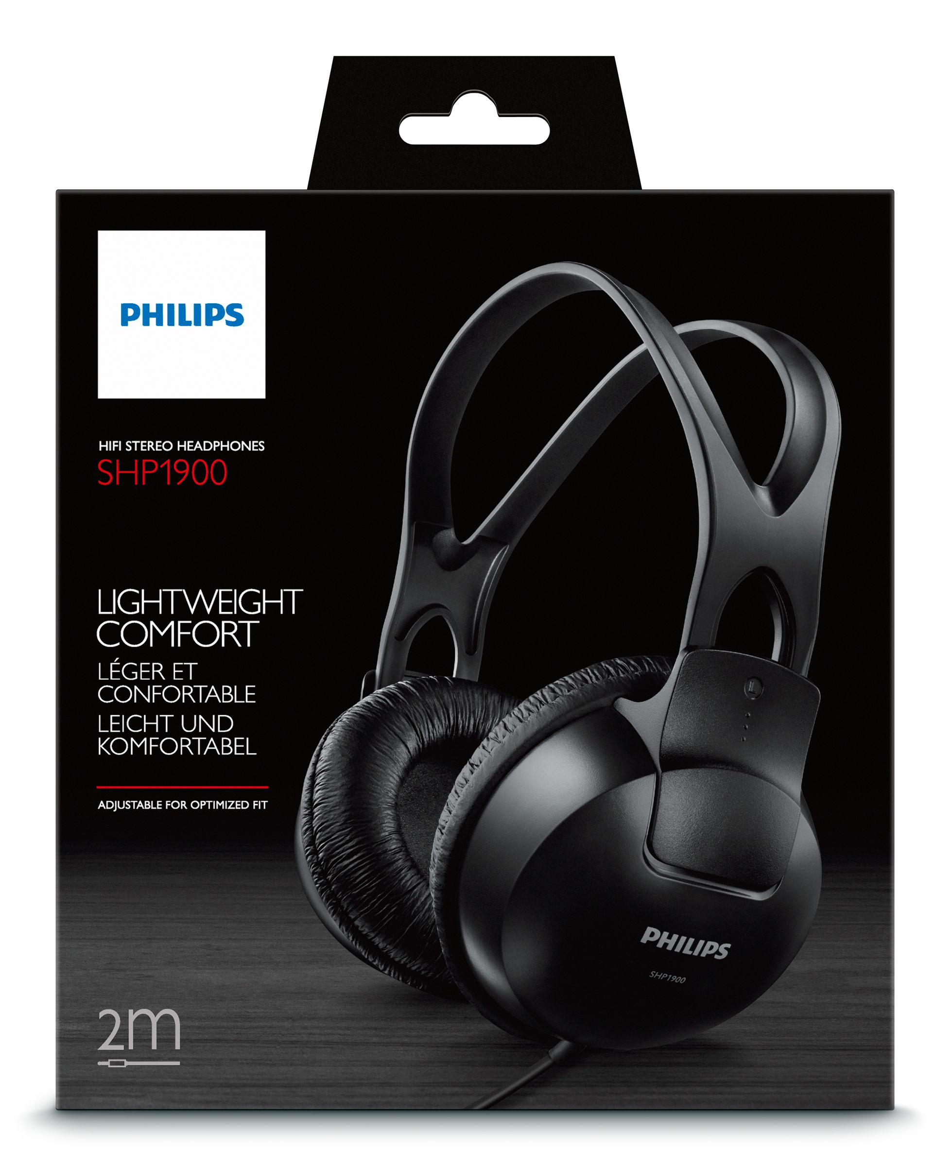 Auriculares Philips SHP1900 negros en caja negra. Texto incluye 'Ligero Confort'.