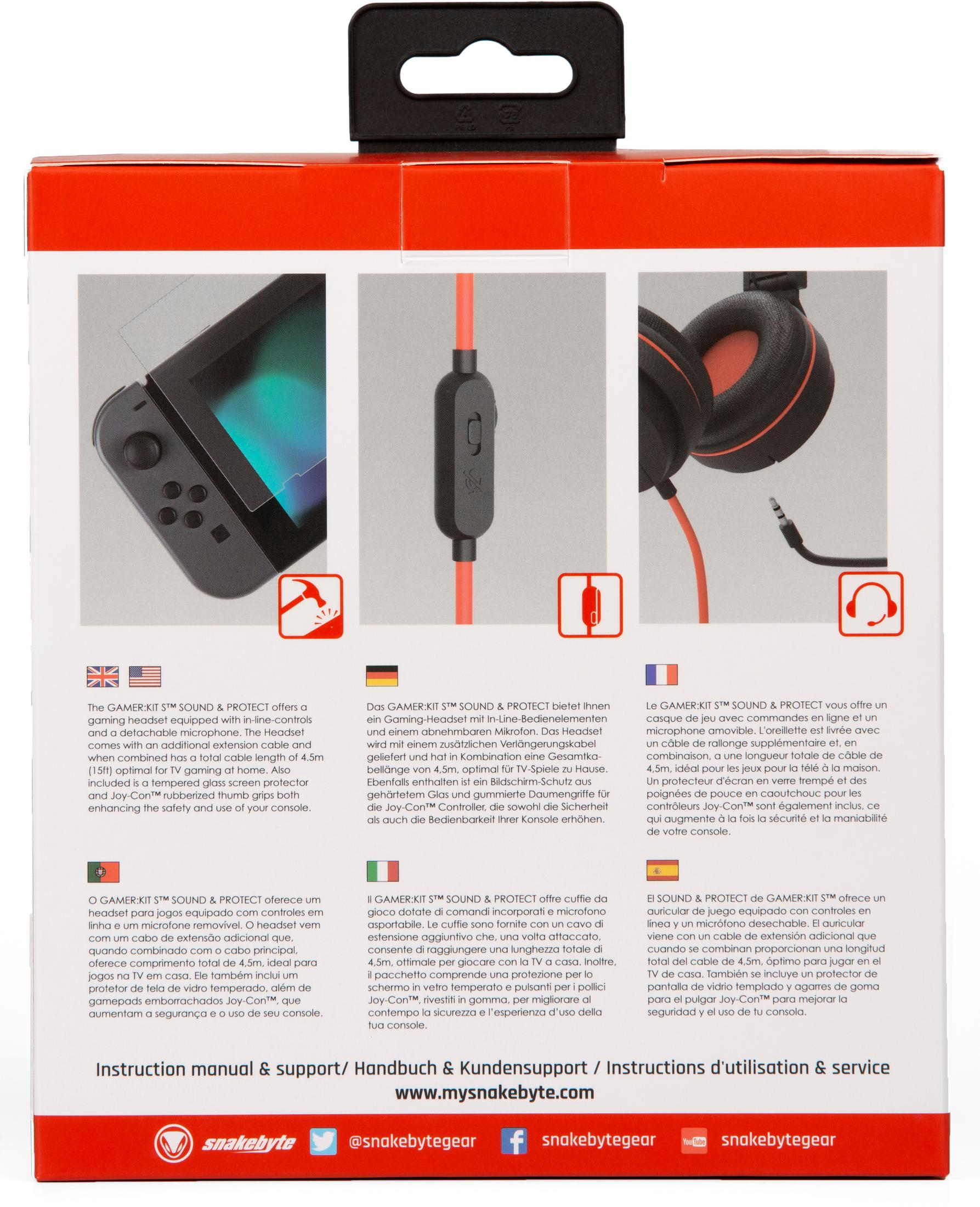 Parte trasera de una caja de kit de jugadores con instrucciones. Muestra una Nintendo Switch y auriculares.