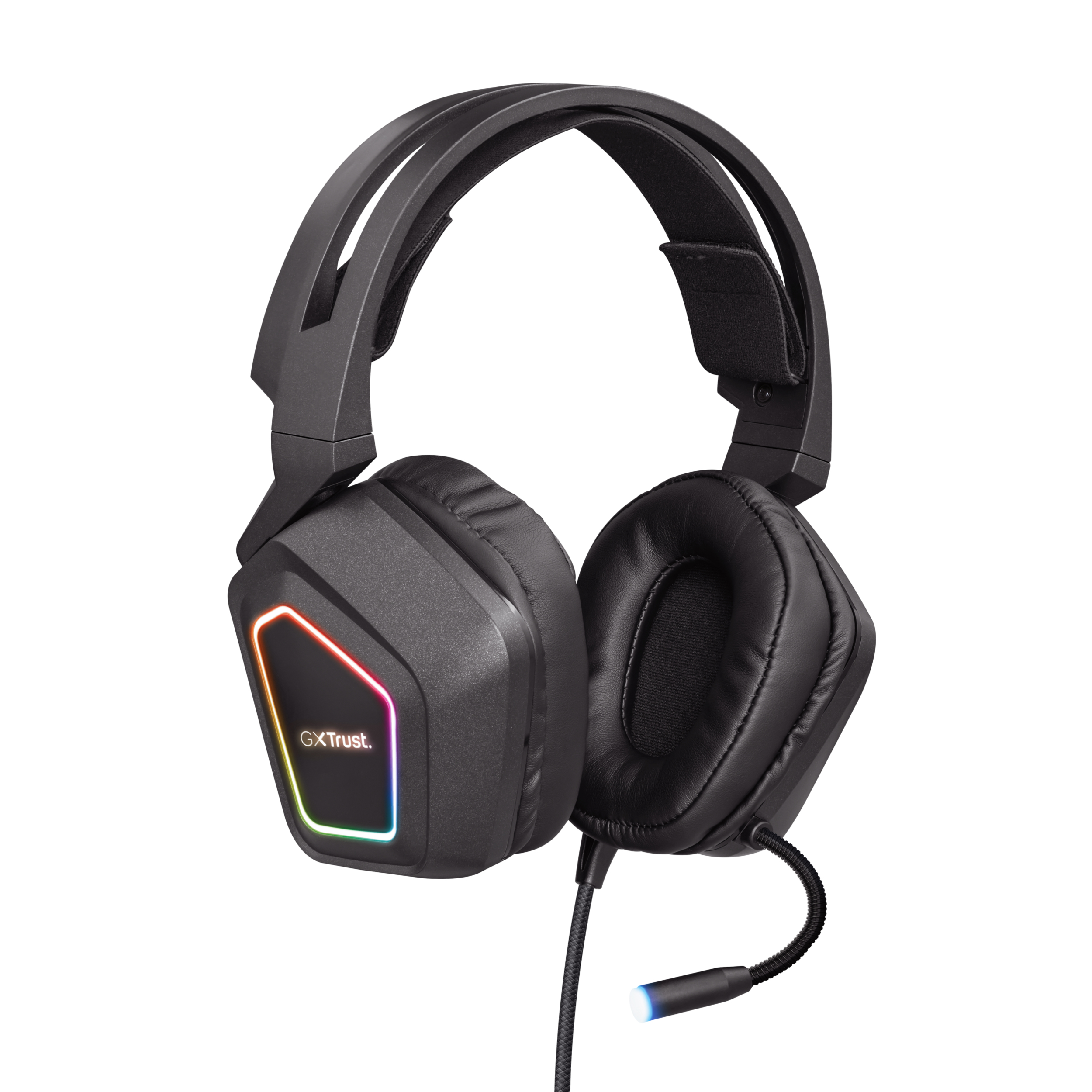 Auriculares gaming negros con iluminación RGB en las copas. Aislados sobre fondo blanco. Vista lateral.