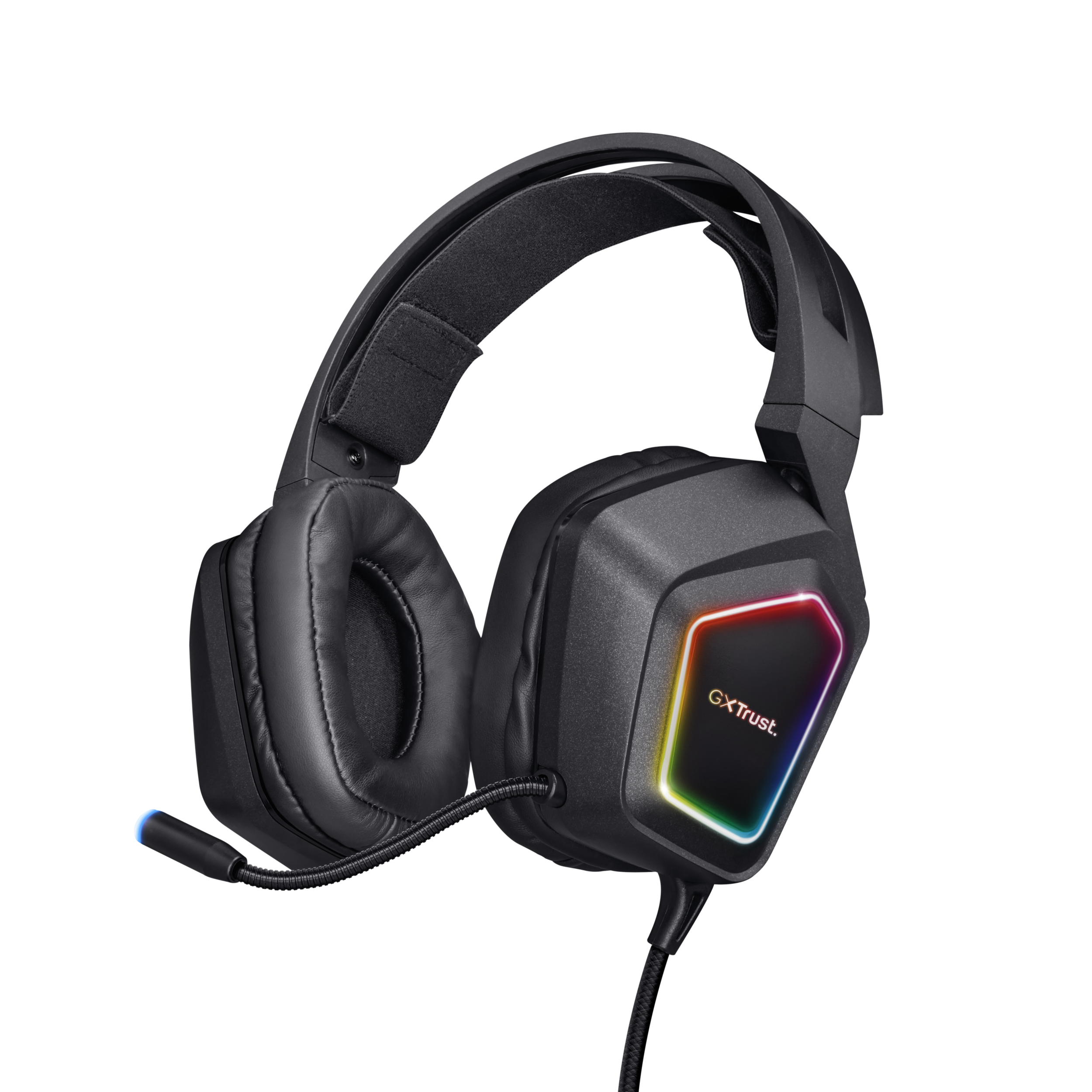 Auriculares gaming negros con micrófono. Los auriculares tienen luces RGB.