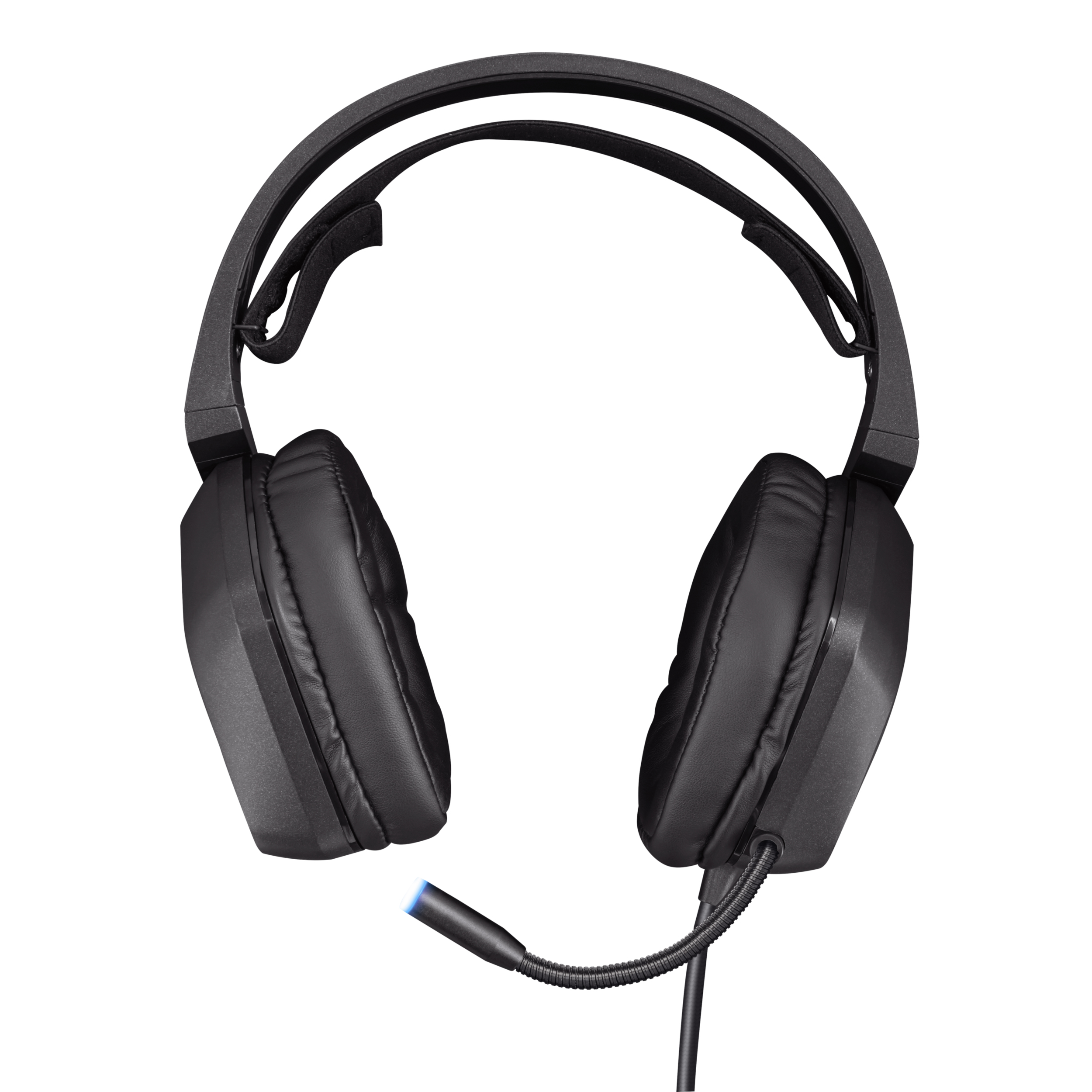 Auriculares negros con micrófono. El diseño es elegante y tiene almohadillas gruesas.