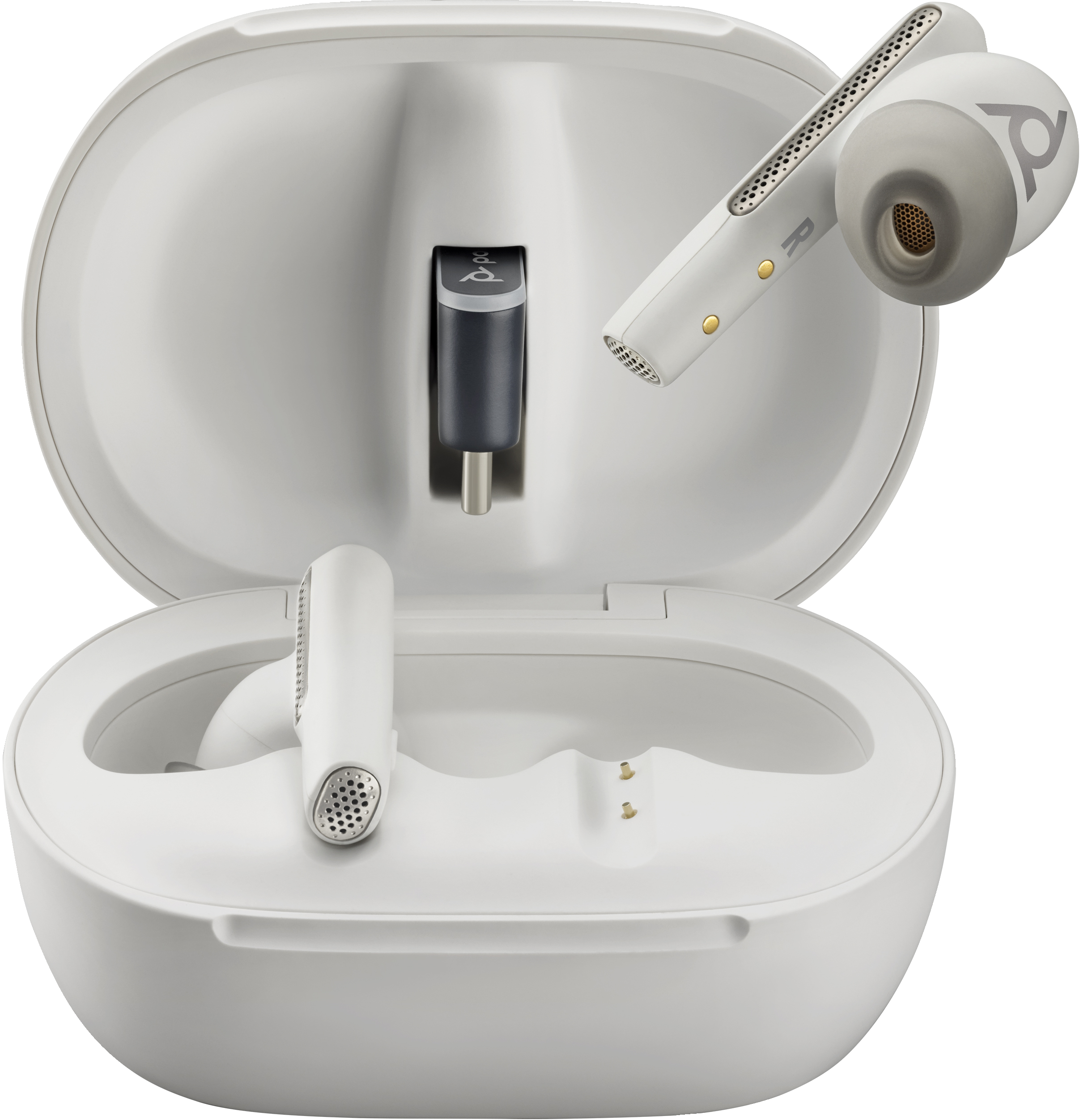 Białe słuchawki douszne i etui ładujące. Tło jest białe.