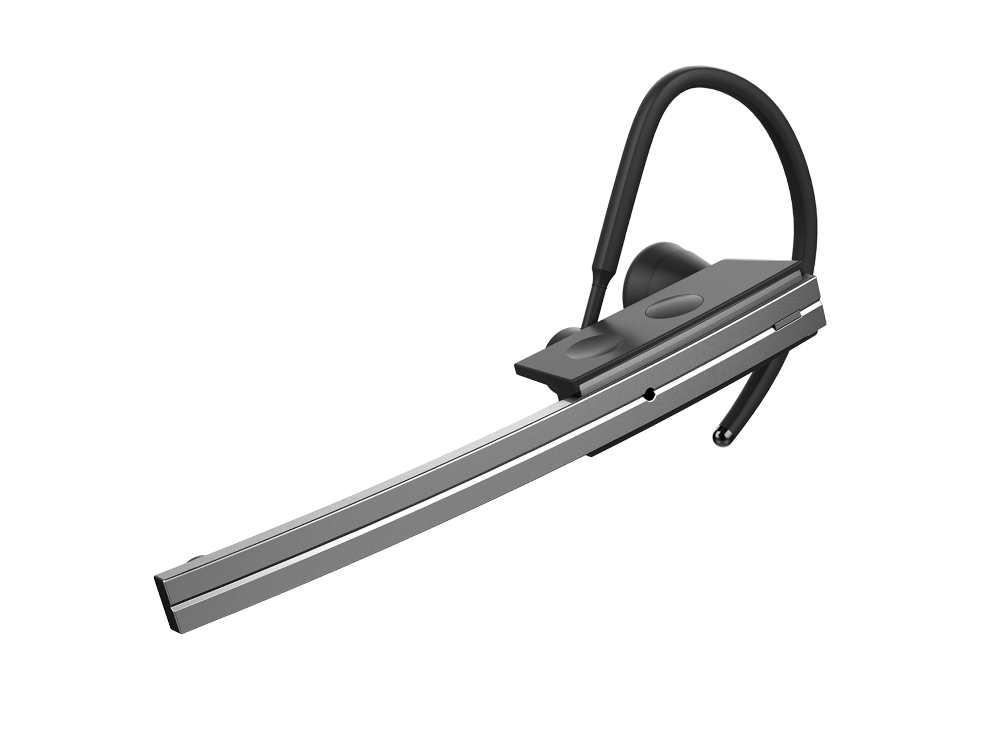 Schwarzes Bluetooth-Headset mit dünnem, silbernem Rahmen. Weißer Hintergrund.