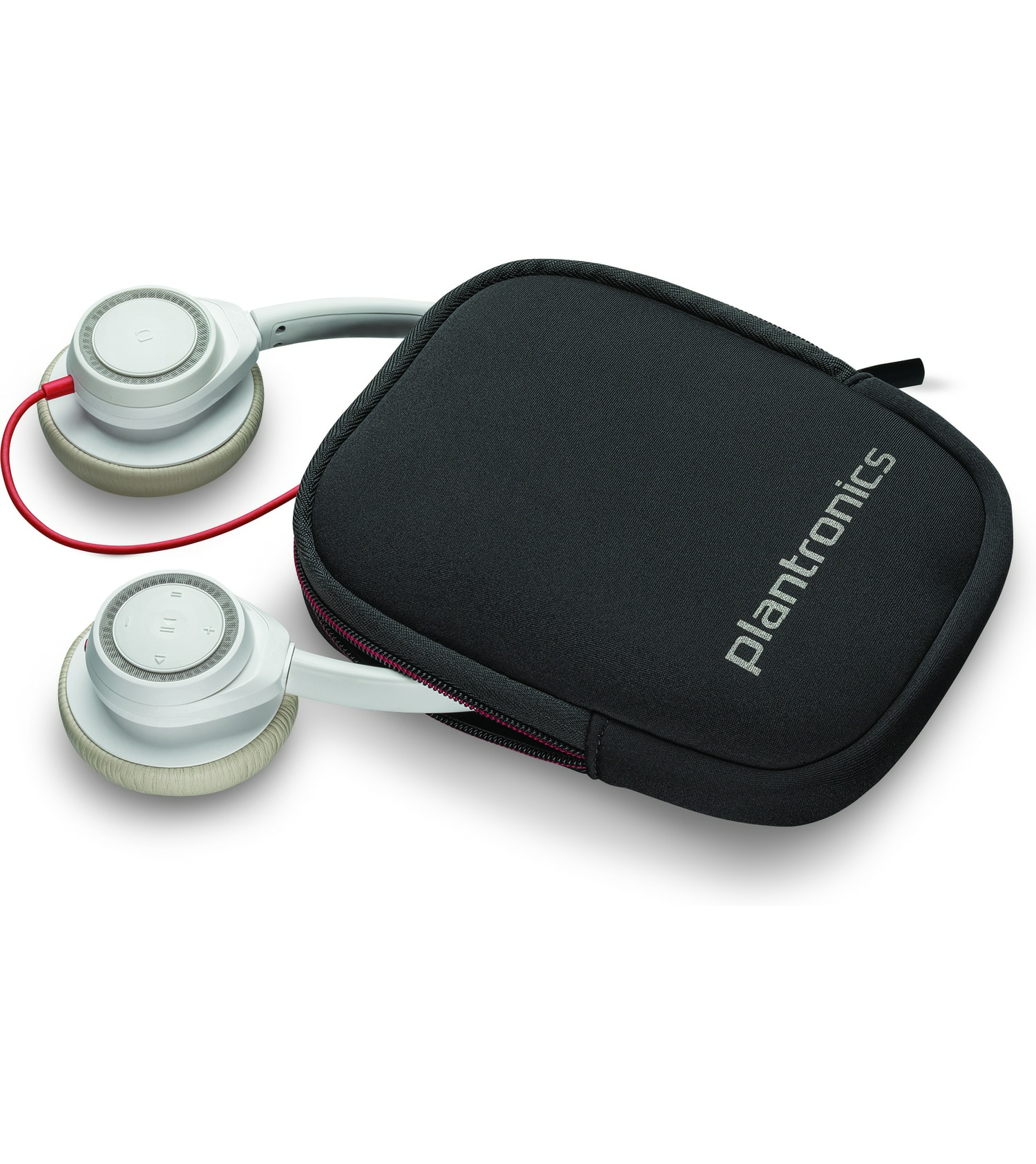 Białe słuchawki z czarnym etui.