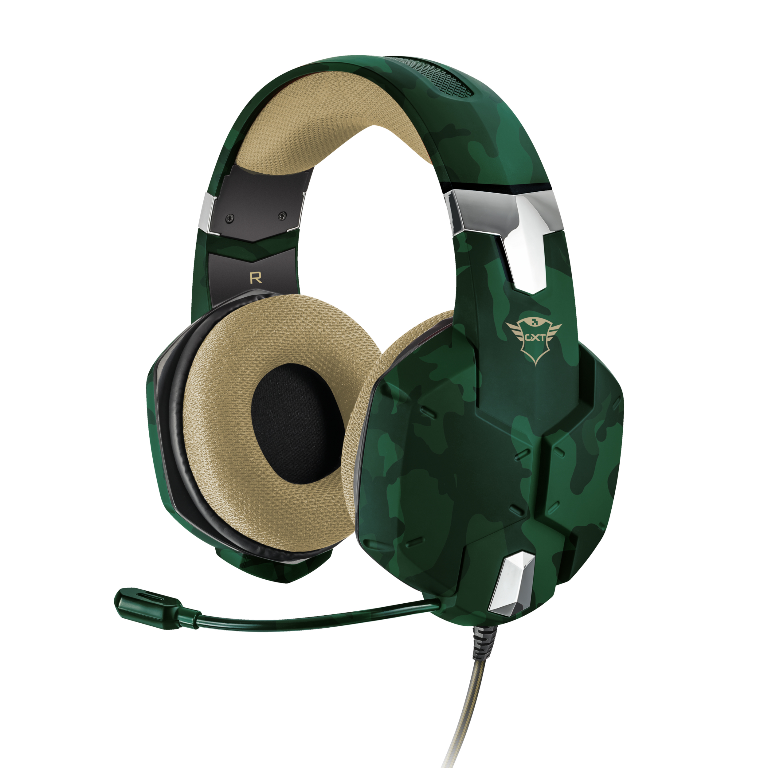Auriculares para juegos de camuflaje verde con micrófono flexible, sobre fondo blanco.