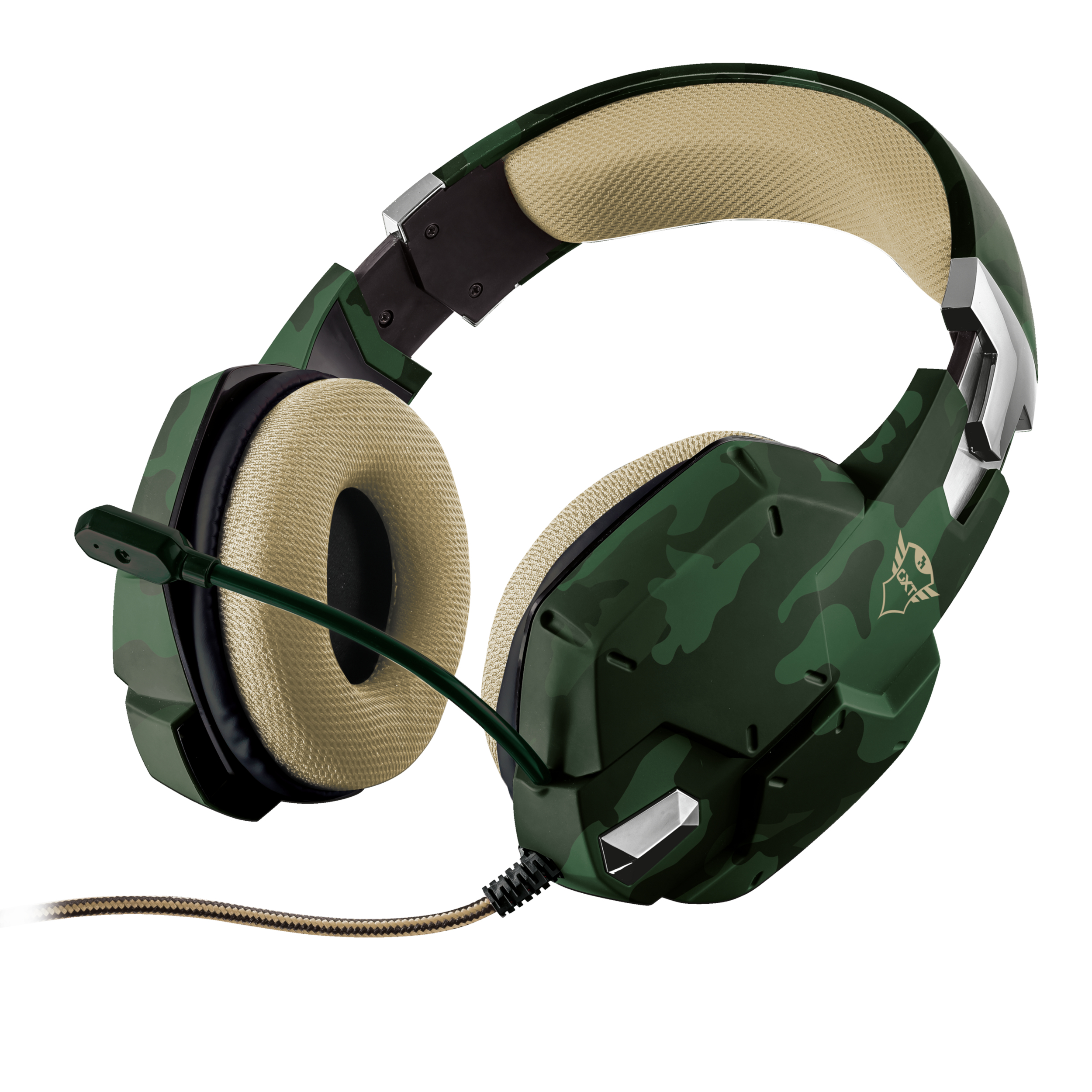 Auriculares de camuflaje verde con micrófono, sobre blanco.