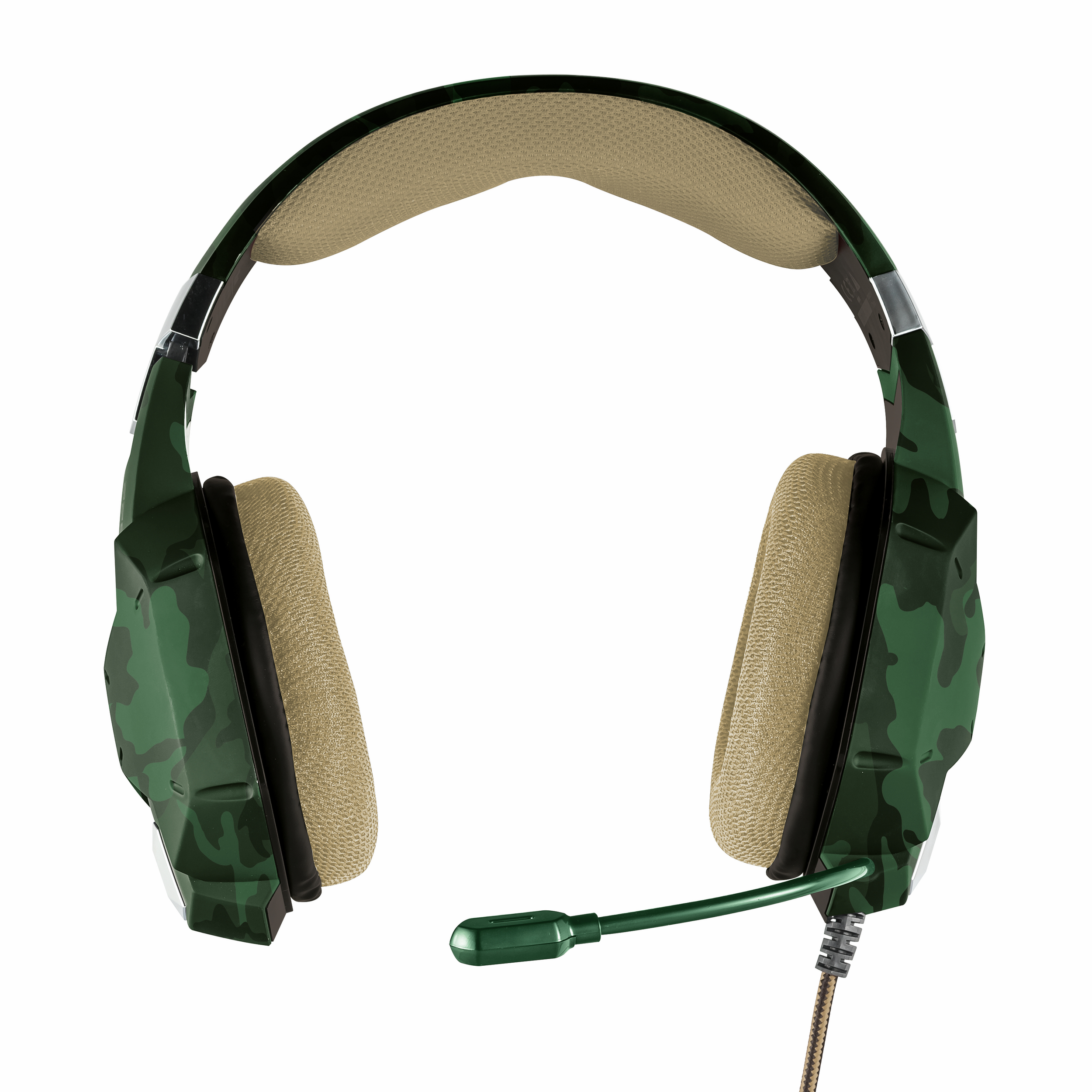 Auriculares de camuflaje verde con micrófono.