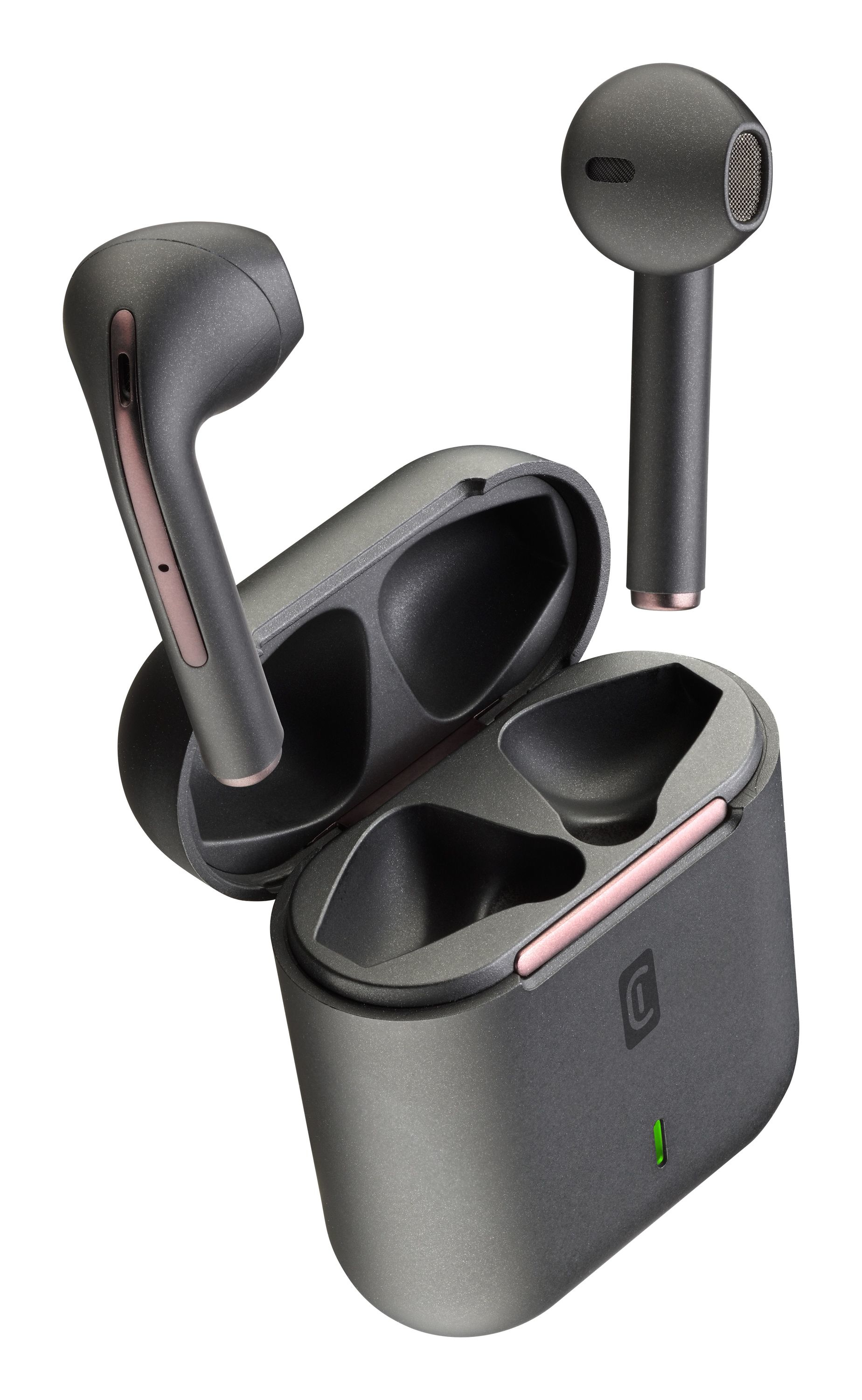 Auricolari grigio scuro con custodia di ricarica. Un auricolare fuori, la custodia è parzialmente aperta.