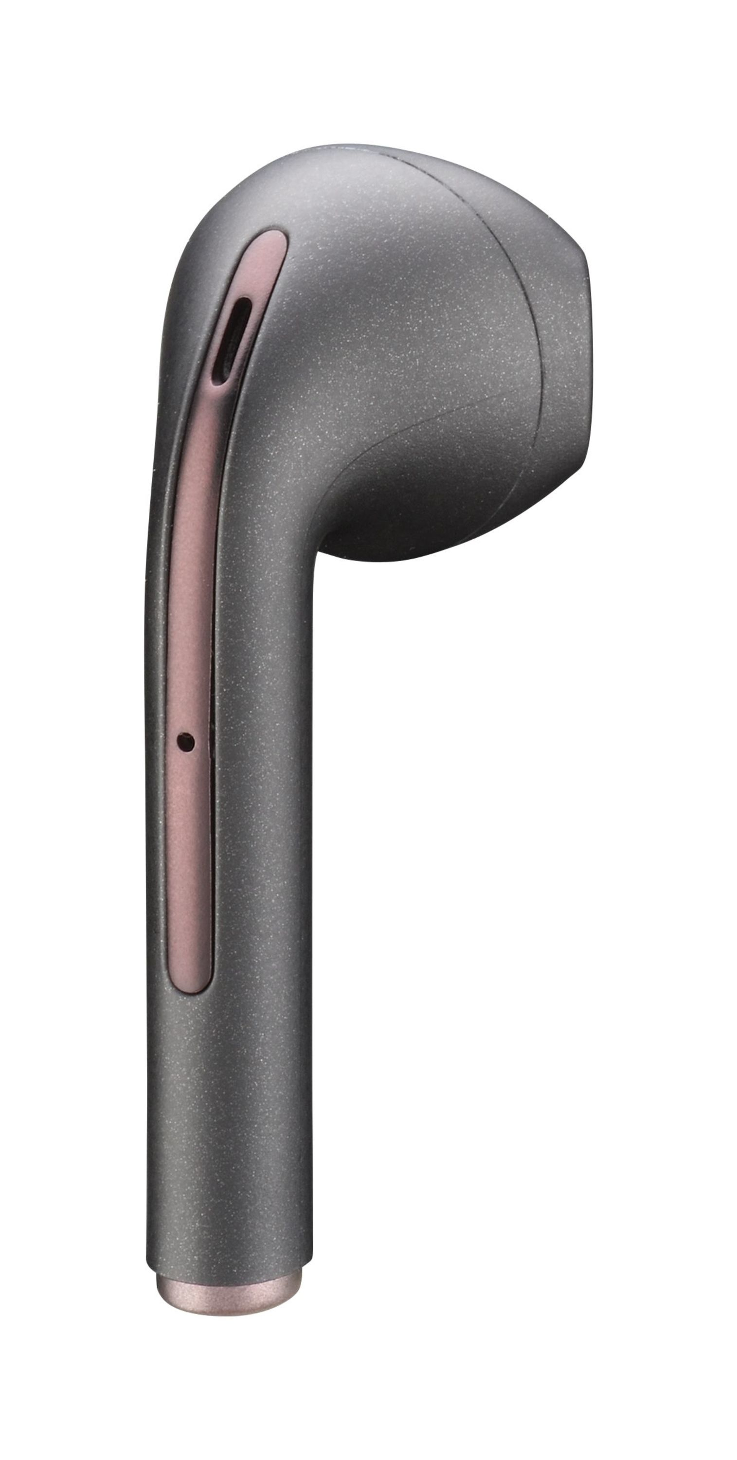 Auricolare grigio con accento rosa. L'auricolare è grigio con una striscia e un'estremità rosa.